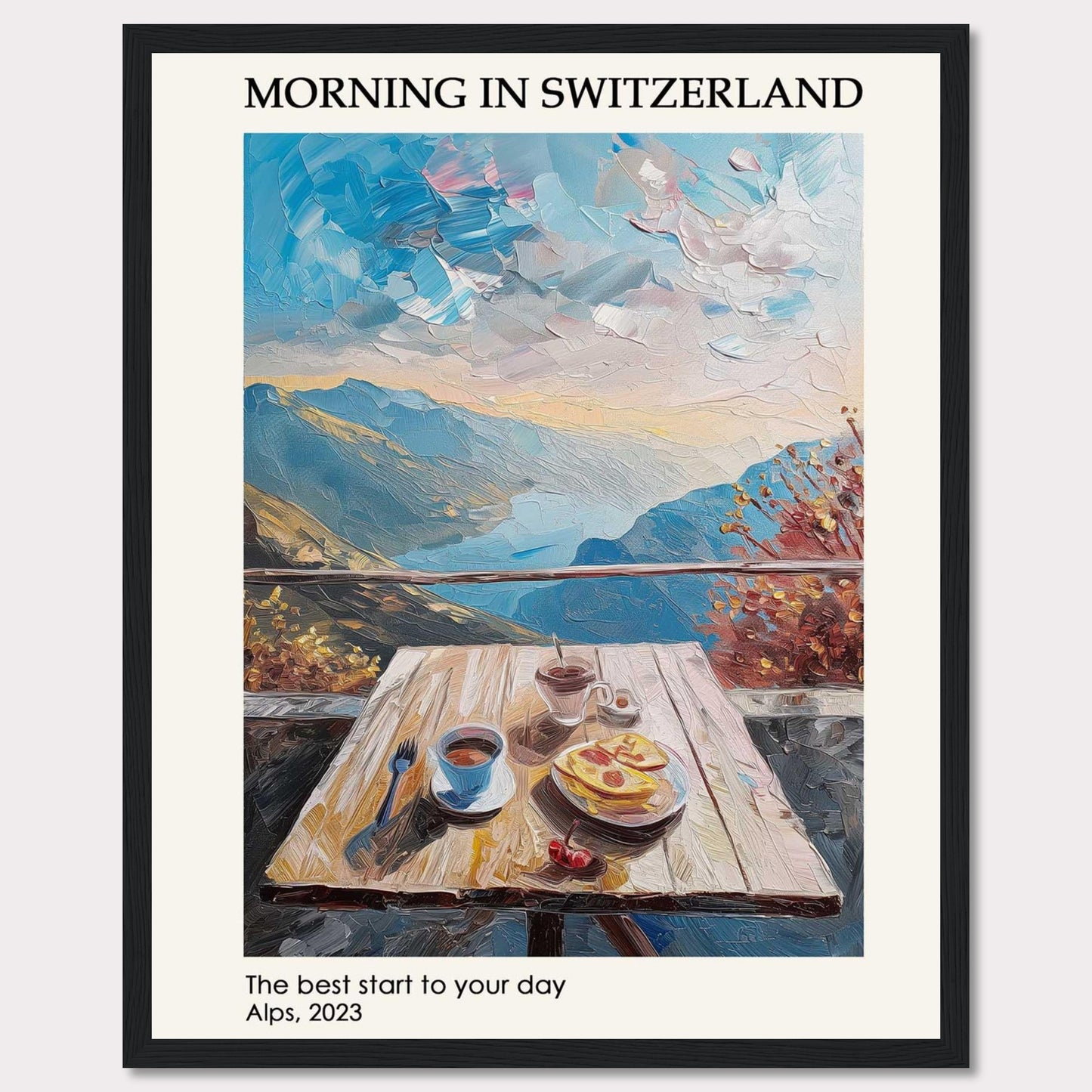 A serene morning in the Swiss Alps is depicted in this beautiful painting. The image showcases a wooden table set with a delightful breakfast, including coffee and pastries, against the backdrop of majestic mountains and a vibrant sky.