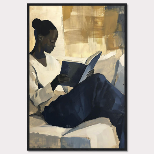 This painting captures a serene moment of a woman deeply engrossed in a book. The artwork uses a muted color palette with shades of beige, blue, and gold, creating a calm and contemplative atmosphere.