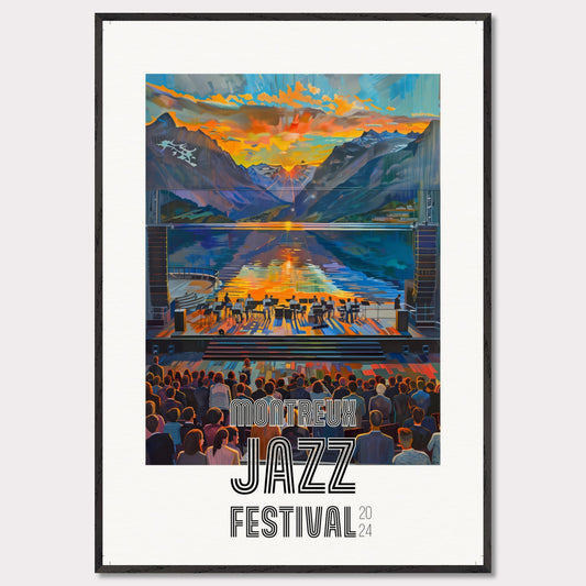 This vibrant poster showcases the Montreux Jazz Festival 2024. The image captures a stunning sunset over a serene lake surrounded by mountains, with a jazz band performing on an outdoor stage. The audience is depicted enjoying the music, creating a lively and engaging atmosphere.