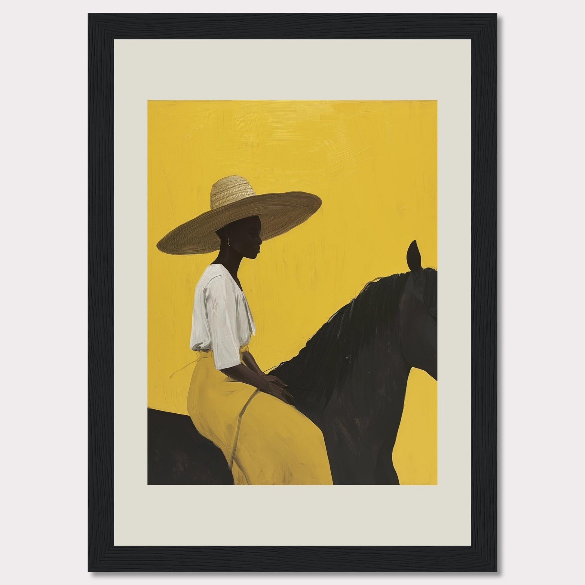 This striking artwork features a silhouette of a person wearing a wide-brimmed hat, seated on a dark horse against a vibrant yellow background. The figure is adorned in a white top and yellow skirt, exuding elegance and tranquility.