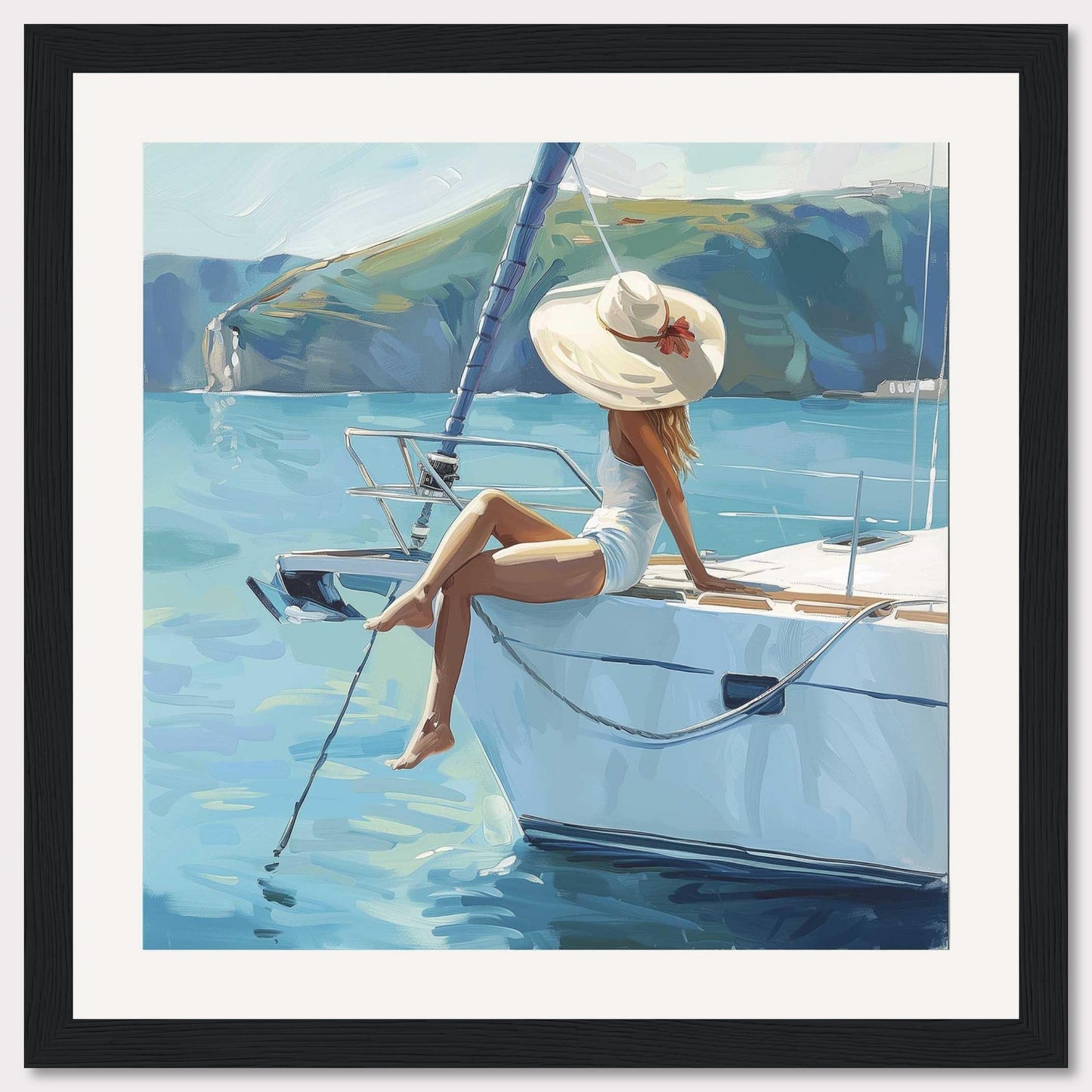 Immerse yourself in serenity with this stunning artwork of a woman lounging on a yacht, basking in the sun. The calm blue waters and picturesque coastal cliffs create a tranquil backdrop, while her wide-brimmed hat adds a touch of elegance.