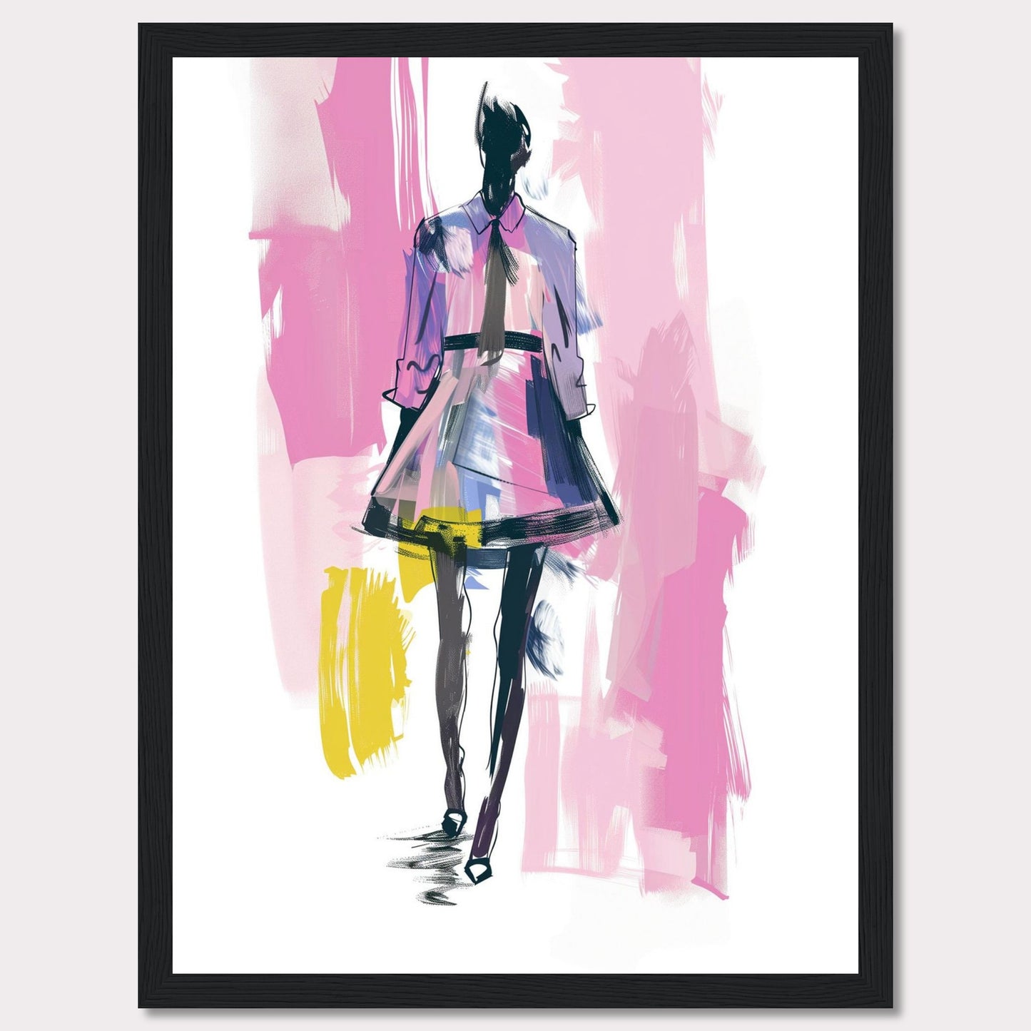 This image showcases a fashion illustration featuring a stylish figure in a vibrant dress. The artwork is characterized by bold brush strokes and a mix of colors, including pink, purple, yellow, and black. The figure exudes confidence, walking forward with purpose.