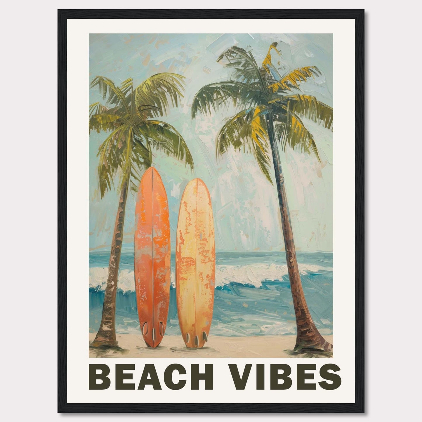 This vibrant artwork captures the essence of a perfect beach day. Two surfboards rest against tall palm trees, with waves crashing in the background and a clear sky above.