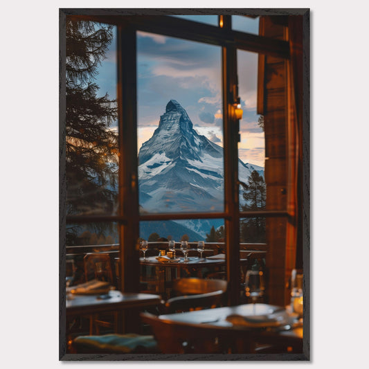 Experience the breathtaking view of a majestic mountain peak through the windows of a cozy restaurant. The scene captures the tranquility and grandeur of nature, inviting you to unwind and savor the moment.