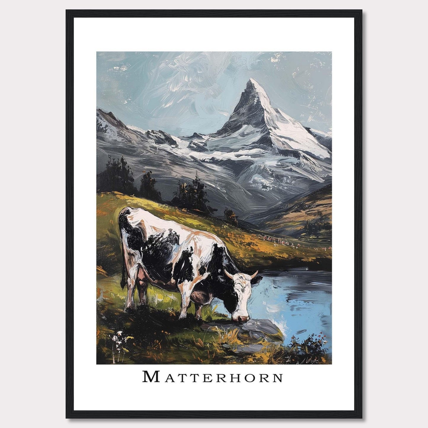 This captivating artwork captures the serene beauty of the Matterhorn with a cow grazing by a tranquil lake in the foreground. The majestic snow-capped peak stands tall against a clear sky, surrounded by lush greenery and reflective waters.