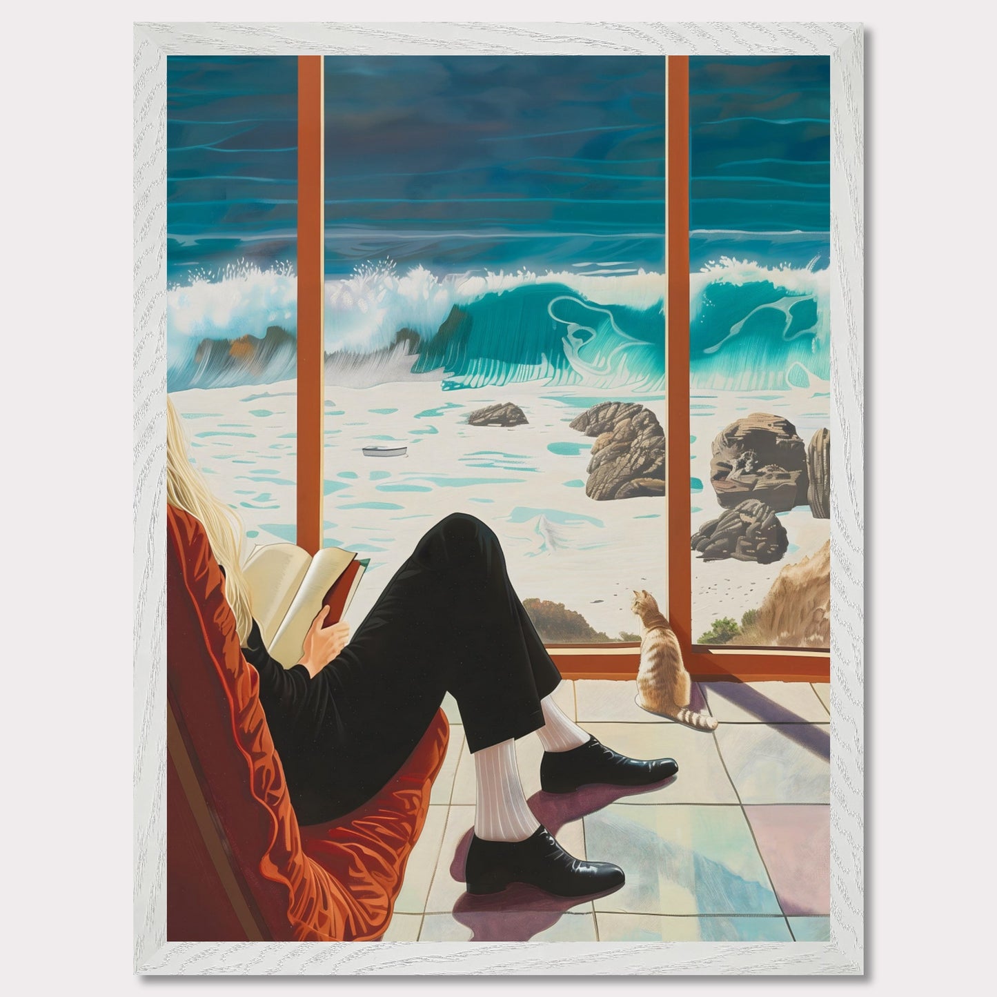 This captivating artwork depicts a serene scene where a person is sitting comfortably by a large window, reading a book. Outside, the ocean waves crash against the rocky shore, creating a mesmerizing view. A cat sits by the window, also gazing at the beautiful seascape.