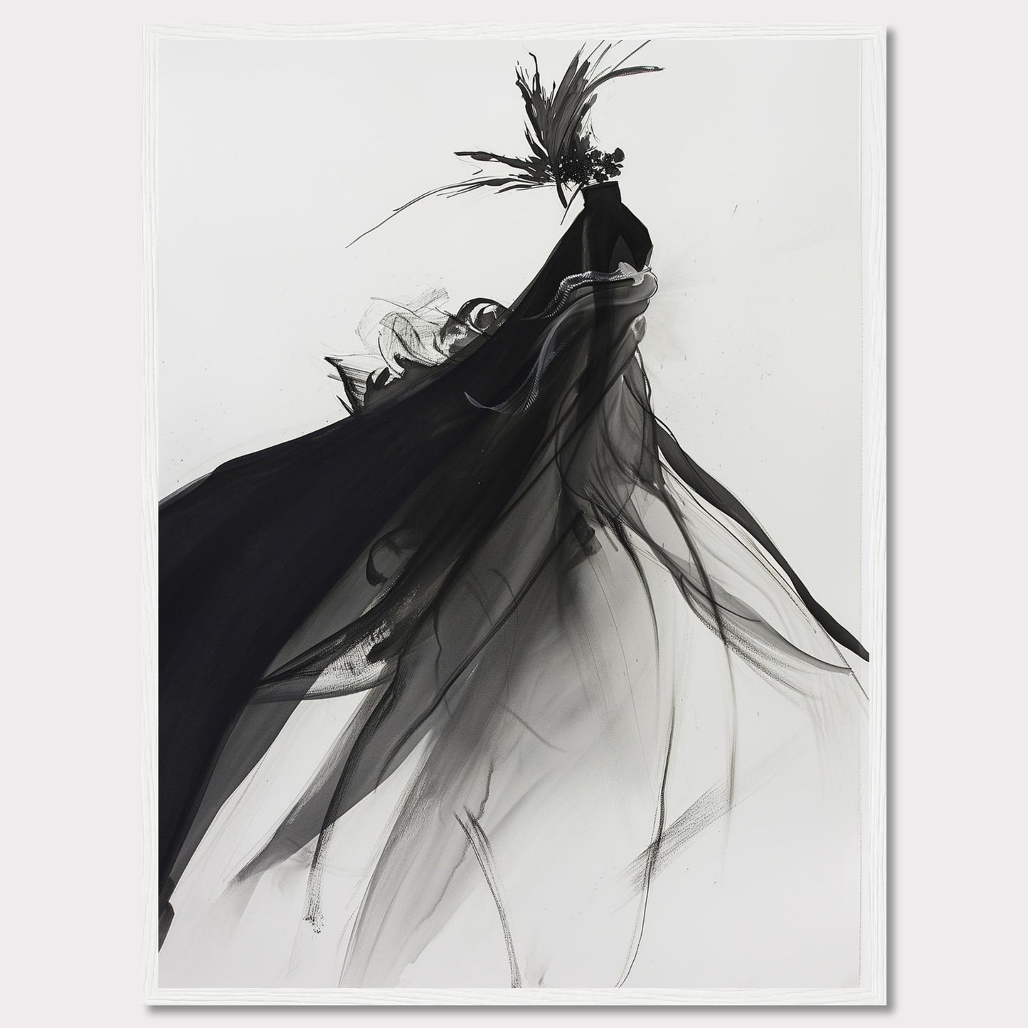 This captivating artwork features a fluid, abstract depiction of a black swan in motion, rendered in striking black and white tones. The swan is adorned with a dramatic headpiece and flowing plumage that create a sense of elegance and movement.