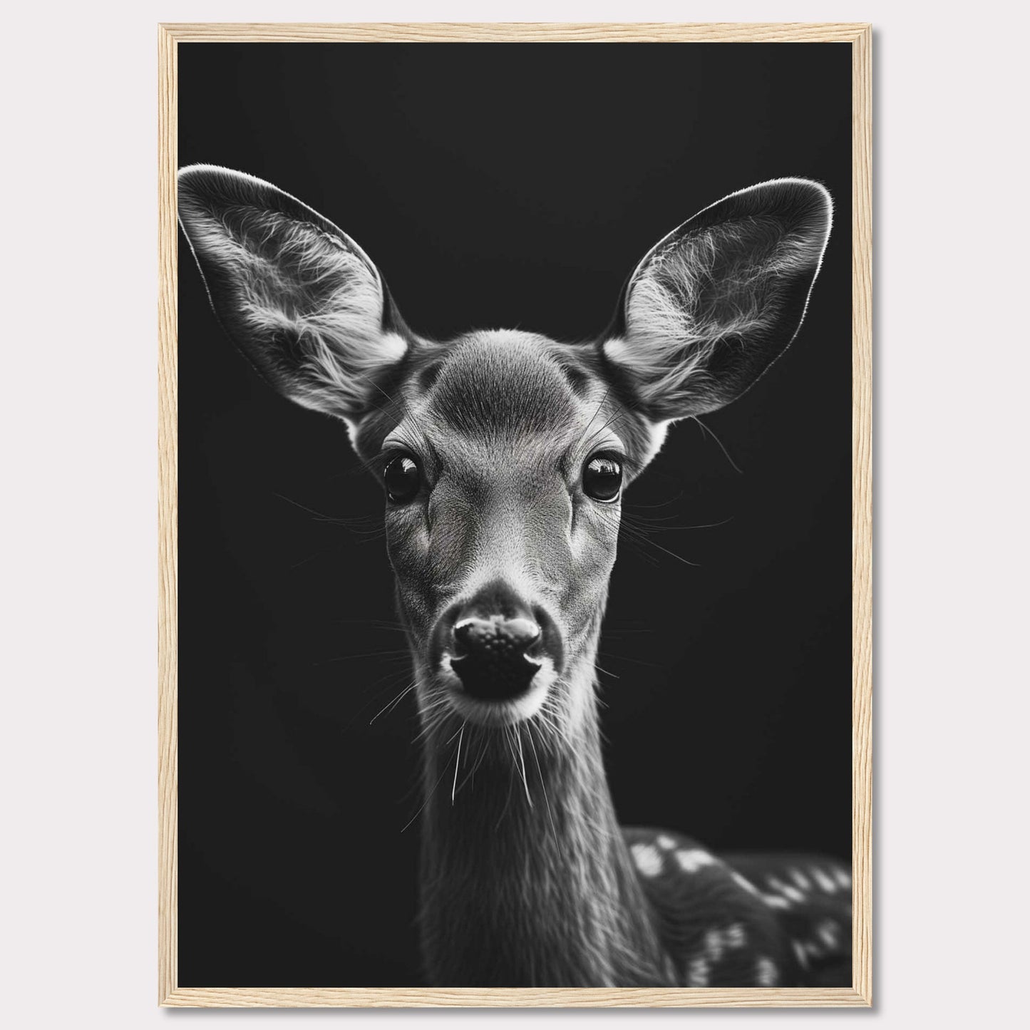 This captivating black and white photograph features a close-up of a young deer, highlighting its delicate features and expressive eyes. The dark background accentuates the deer's soft fur and intricate details, creating a striking contrast that draws the viewer in.