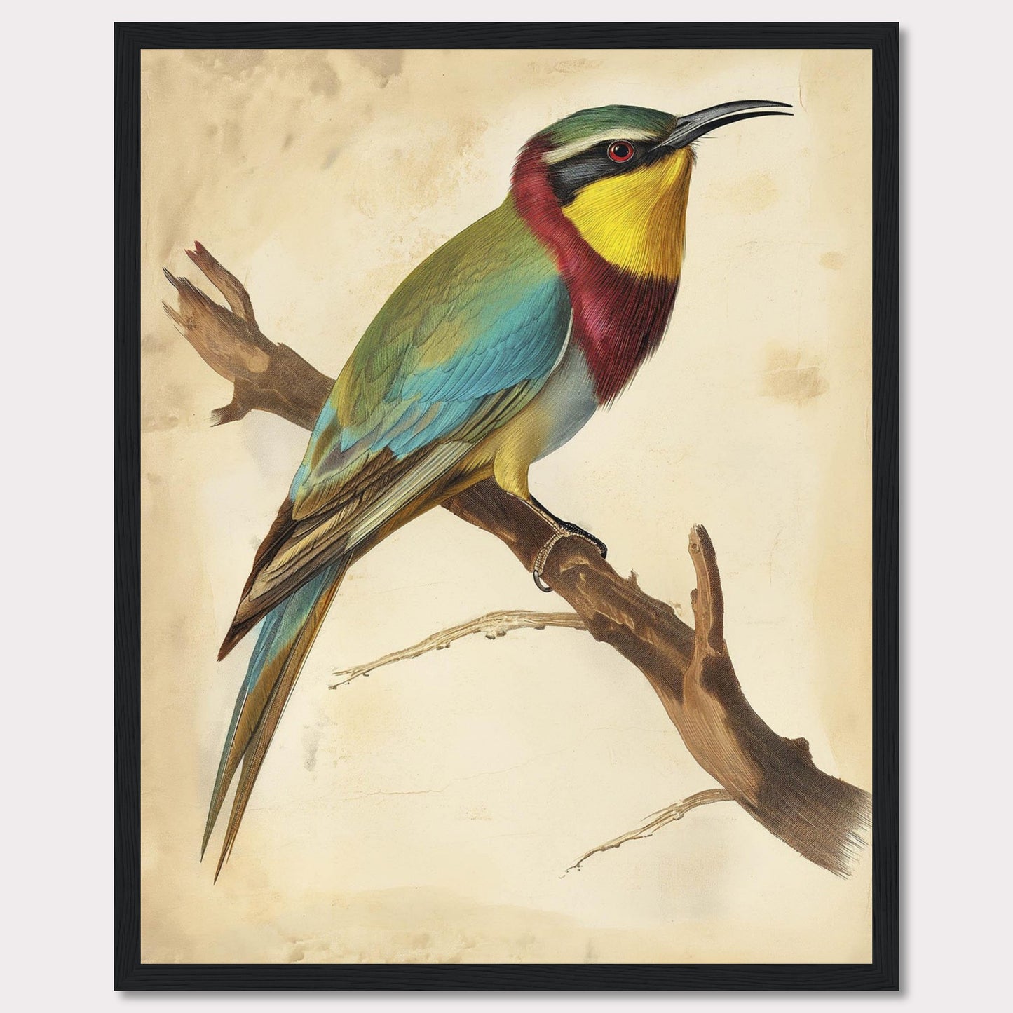 This captivating artwork features a vibrant bird perched on a branch, showcasing its colorful plumage. The background is a soft, muted beige that highlights the bird's bright hues. The bird's feathers display a stunning array of colors, including green, blue, yellow, and red. The piece is framed in a simple black frame that complements the artwork without detracting from it.