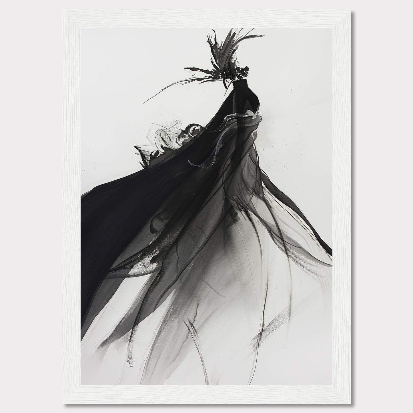 This captivating artwork features a fluid, abstract depiction of a black swan in motion, rendered in striking black and white tones. The swan is adorned with a dramatic headpiece and flowing plumage that create a sense of elegance and movement.