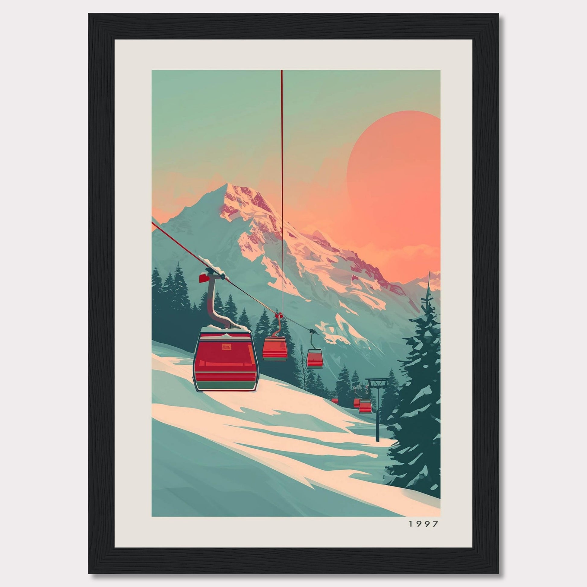 This captivating artwork depicts a serene mountain landscape with ski lifts ascending towards a majestic snow-capped peak under a warm, pastel-colored sky. The scene is framed by evergreen trees, creating a tranquil and inviting atmosphere.