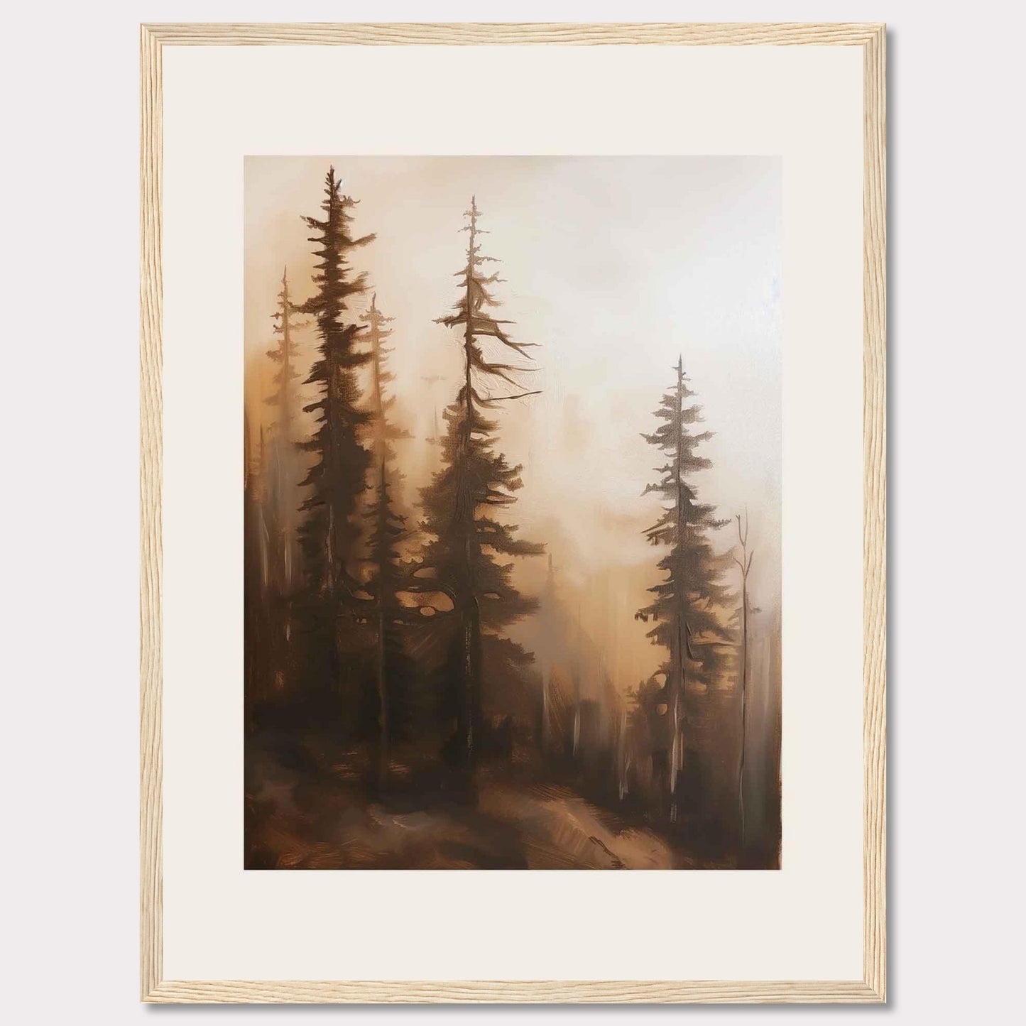 This captivating artwork features a serene forest scene enveloped in mist, evoking a sense of tranquility and mystery. The tall, slender trees stand majestically, their branches reaching out into the foggy atmosphere. The soft, warm hues create a calming ambiance, making it a perfect addition to any living space.