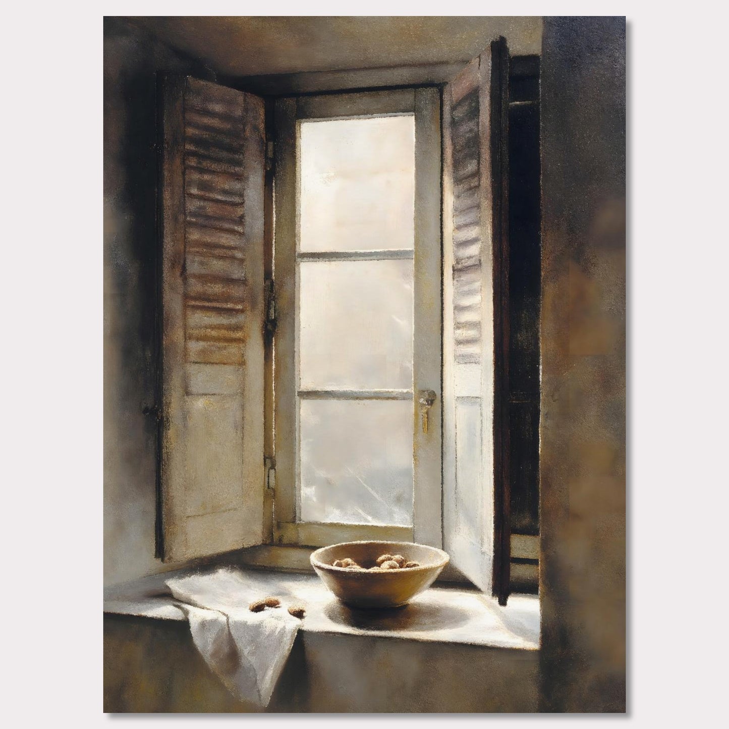 Golden light streams through an old shuttered window, catching the edge of a ceramic bowl filled with walnuts. A linen cloth rests gently nearby, suggesting quiet hands and slow mornings. This image is domestic poetry — a tribute to texture, stillness, and time.