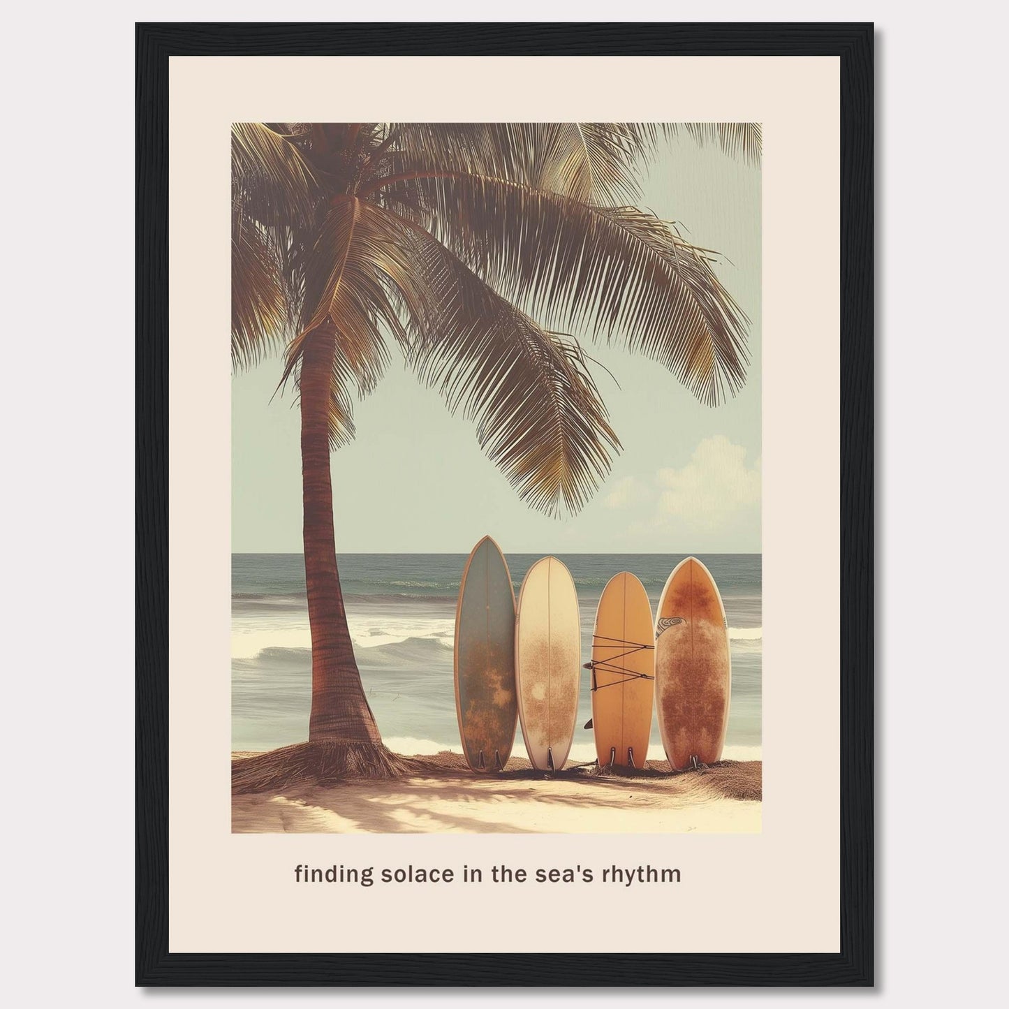 This image captures a serene beach scene with surfboards resting against a palm tree, inviting you to find peace in the ocean's rhythm.