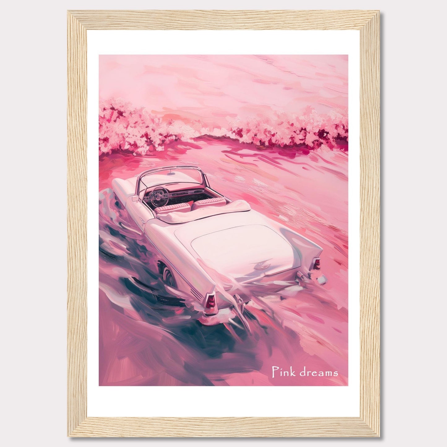 This artwork features a dreamy scene with a vintage convertible car driving through a pink-hued landscape. The soft, pastel colors create a serene and nostalgic atmosphere.