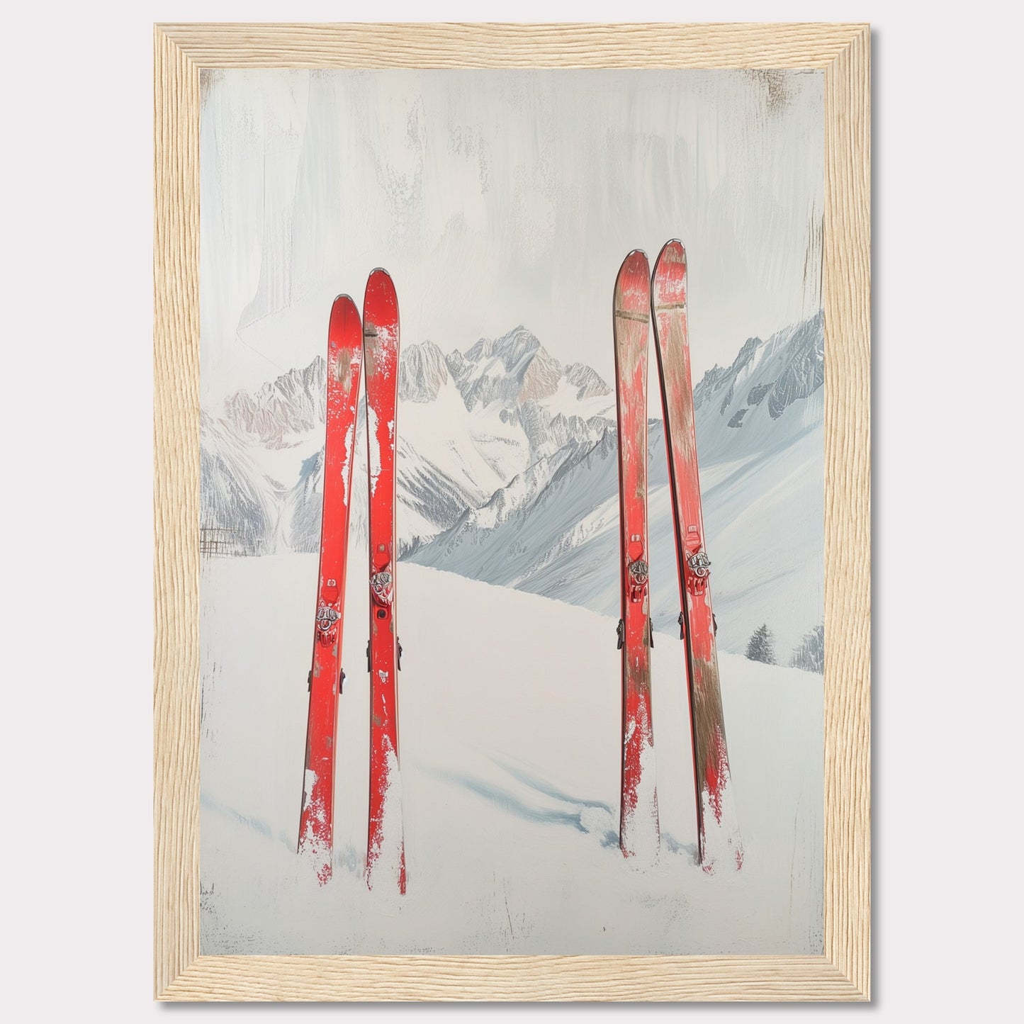 This captivating image showcases a serene winter scene with four red skis planted in the snow against a backdrop of majestic, snow-covered mountains. The skis stand out vibrantly against the white snow and the muted tones of the distant peaks. The overall composition evokes a sense of adventure and the thrill of skiing in the great outdoors.