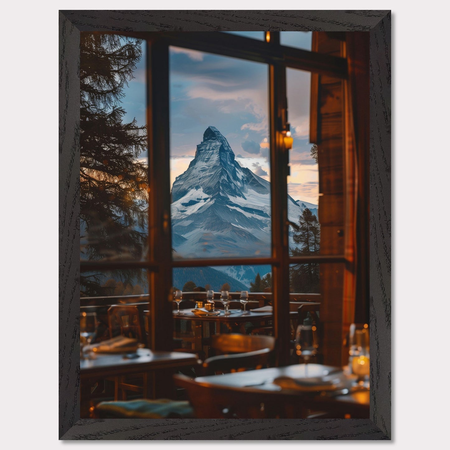 d2351327-ae8daExperience the breathtaking view of a majestic mountain peak through the windows of a cozy restaurant. The scene captures the tranquility and grandeur of nature, inviting you to unwind and savor the moment.-4389-a161-6fb5fc12a8ee