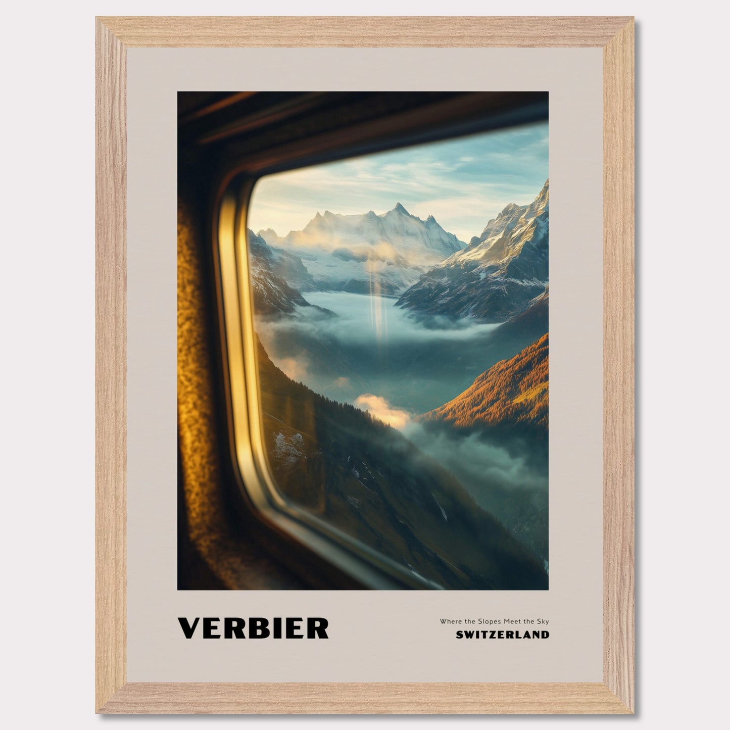 This poster showcases a mesmerizing view of the high-altitude slopes of Verbier, where mountain peaks seem to touch the sky. Thick mist covers the valleys below, creating a sense of mystery, while beams of sunlight break through the clouds, adding warmth and harmony to the scene.