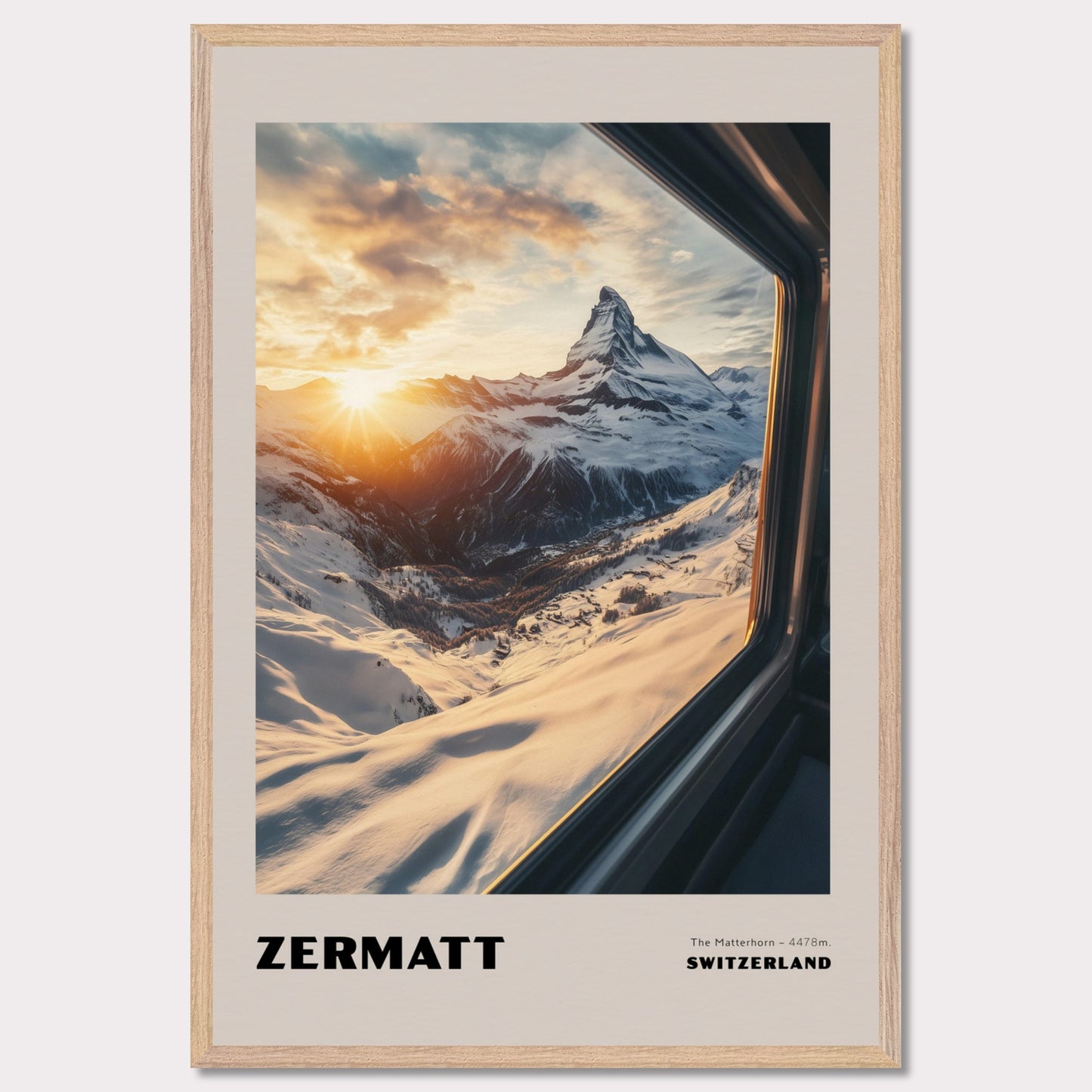 A stunning view of the Matterhorn bathed in golden sunset hues. Towering at 4478 meters, this legendary mountain has always drawn adventurers and travelers. The warm colors of the sunset create an extraordinary atmosphere, while the snow-covered slopes emphasize the purity and majesty of nature.