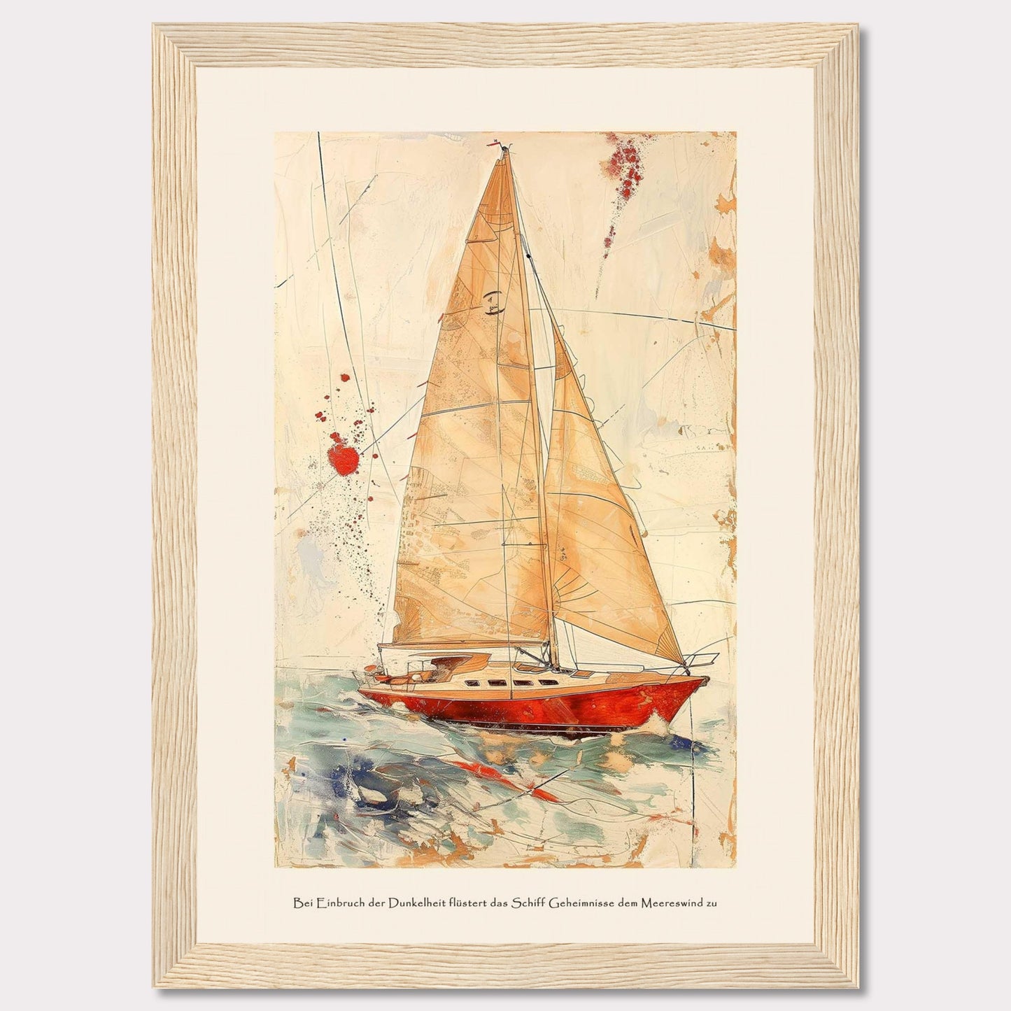 This artwork depicts a stunning sailboat navigating through the ocean with its sails fully unfurled. The painting features a vibrant red boat set against a dynamic background of abstract lines and splashes of color, giving a sense of movement and adventure. The text at the bottom reads: "Bei Einbruch der Dunkelheit flüstert das Schiff Geheimnisse dem Meereswind zu," which translates to "At dusk, the ship whispers secrets to the sea breeze."