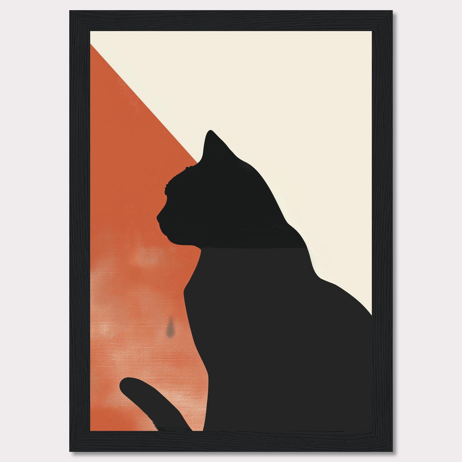 This minimalist art piece features the silhouette of a cat against a backdrop of contrasting colors. The design integrates a bold black cat figure with an orange and cream geometric background, creating a striking visual effect. The simplicity and elegance of this artwork make it a perfect addition to any modern living space.