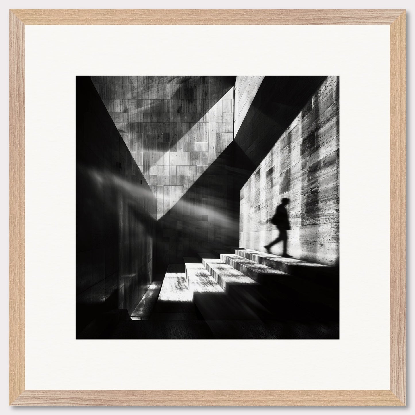 This striking black and white photograph captures a solitary figure ascending a staircase bathed in dramatic light and shadows. The geometric patterns and stark contrasts create a sense of mystery and introspection.