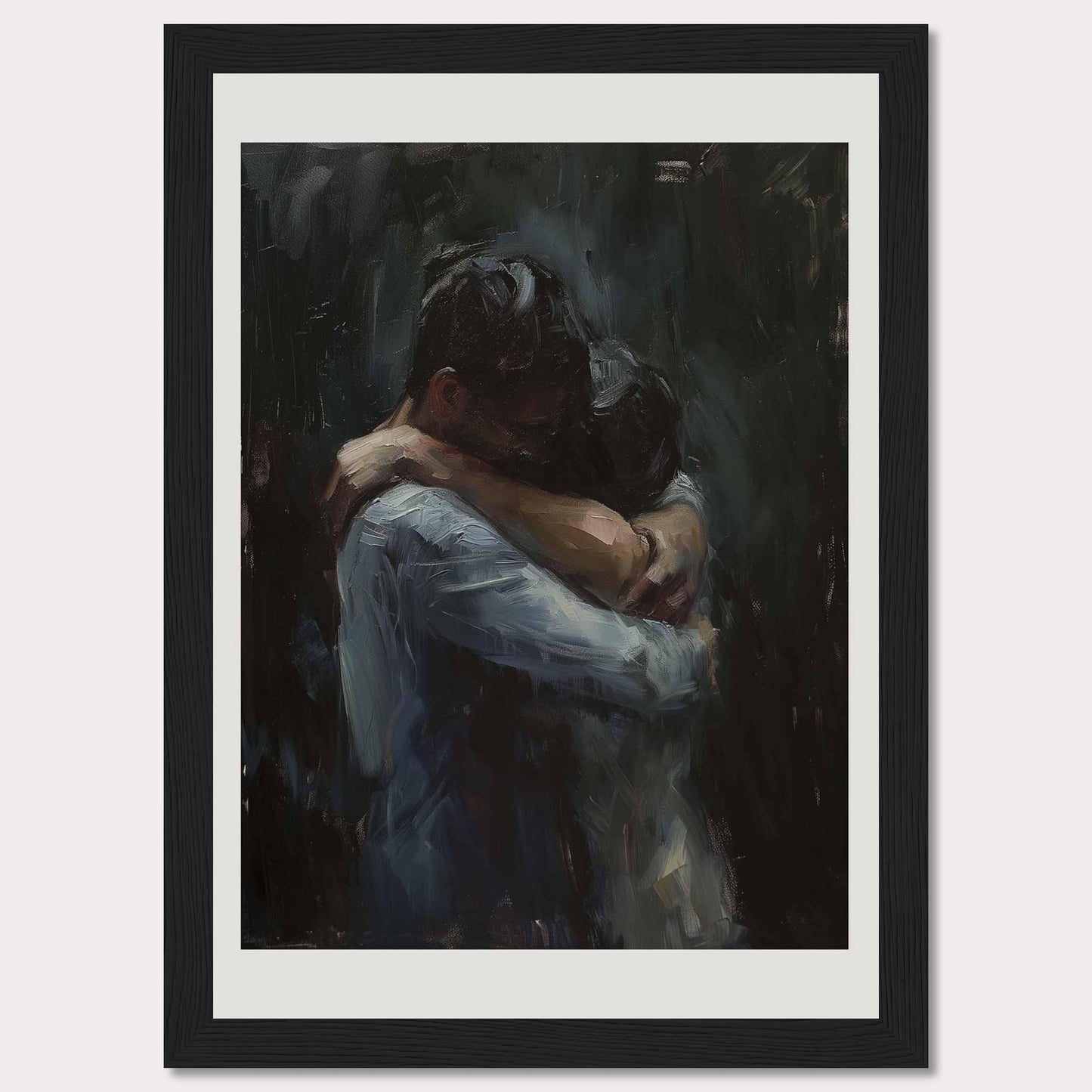 This evocative painting captures a tender embrace between two figures, conveying deep emotion and connection. The dark, muted tones enhance the intimacy of the moment, drawing the viewer into the scene.