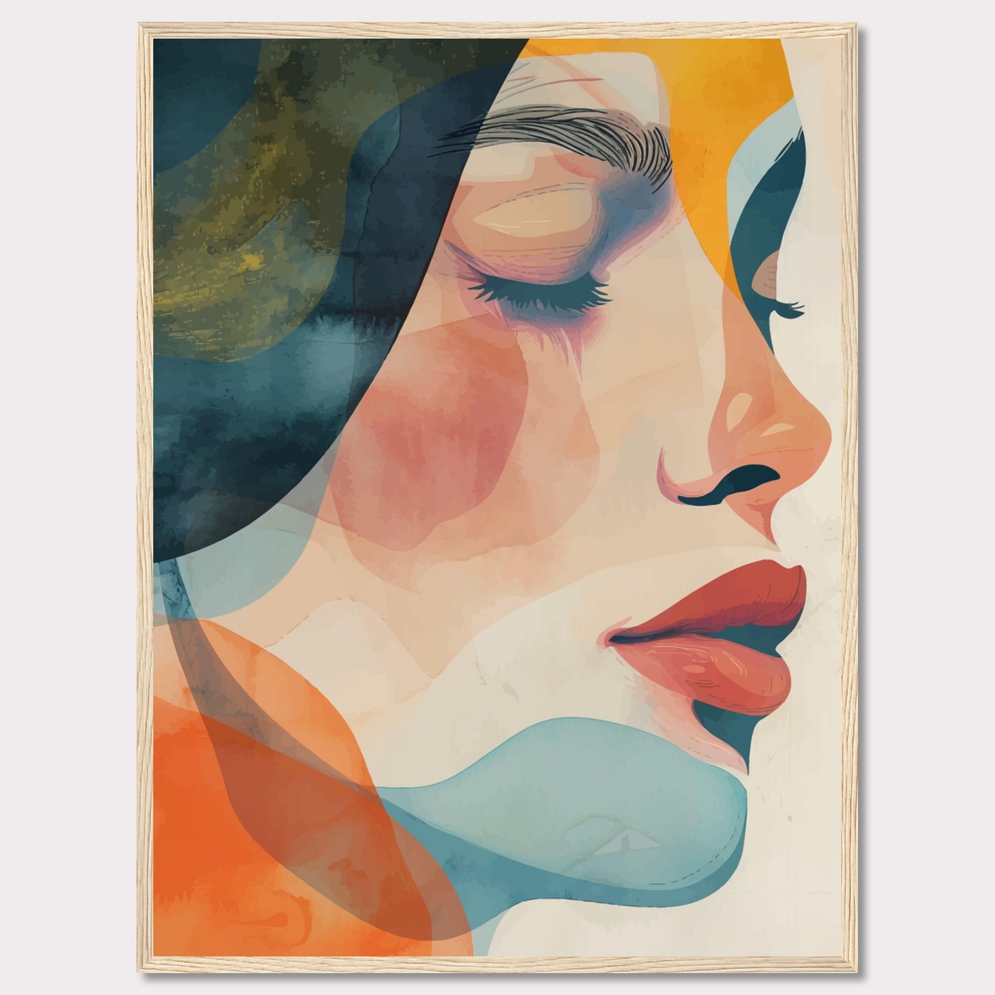 This captivating artwork features a serene profile of a woman's face, rendered in a vibrant mix of abstract colors. The composition highlights her closed eyes and calm expression, evoking a sense of tranquility and introspection.