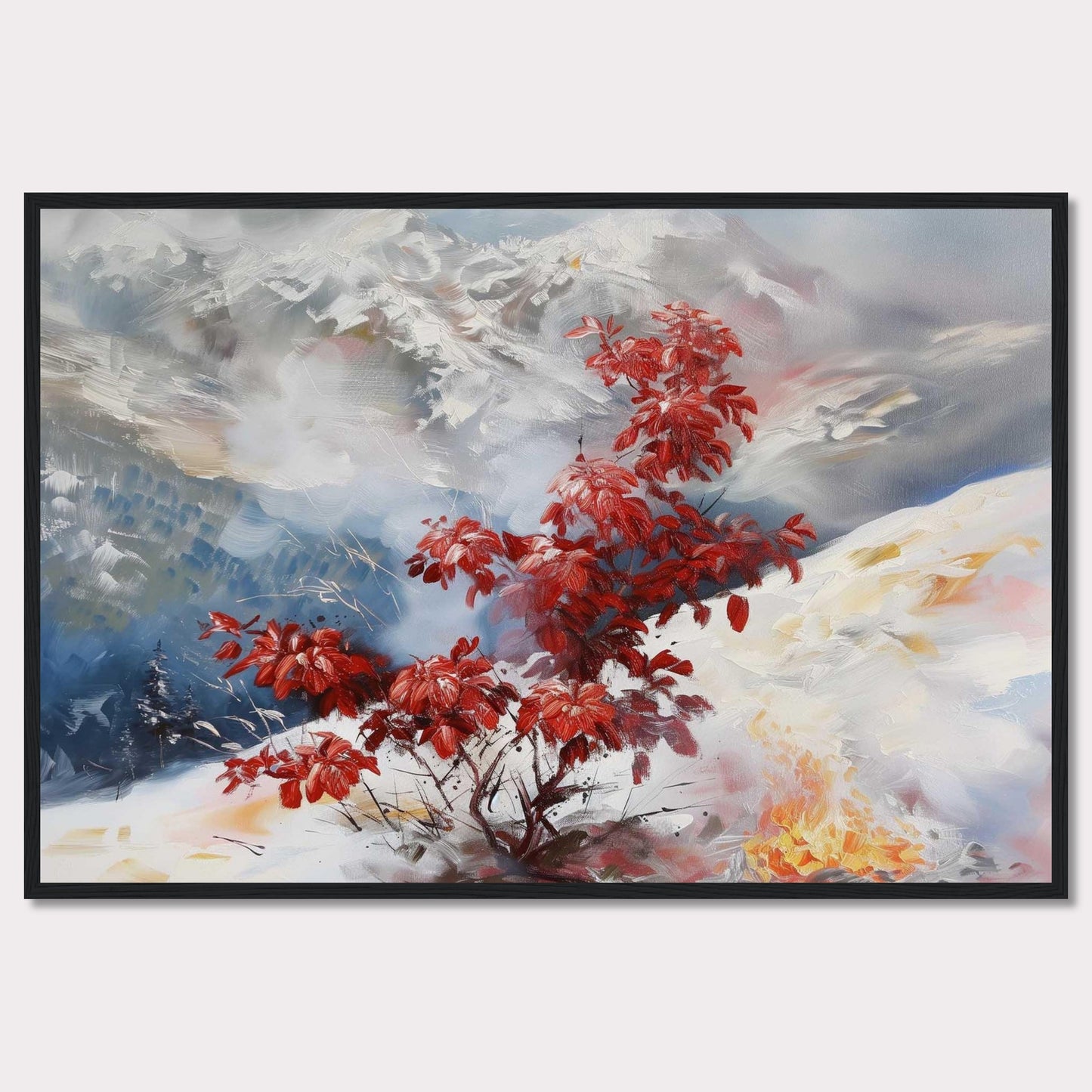 This captivating painting features a vibrant red bush standing out against a serene, snowy landscape. The background showcases majestic mountains partially obscured by mist, adding depth and mystery to the scene. The contrast between the fiery red leaves and the cool, muted tones of the snow and sky creates a striking visual effect.