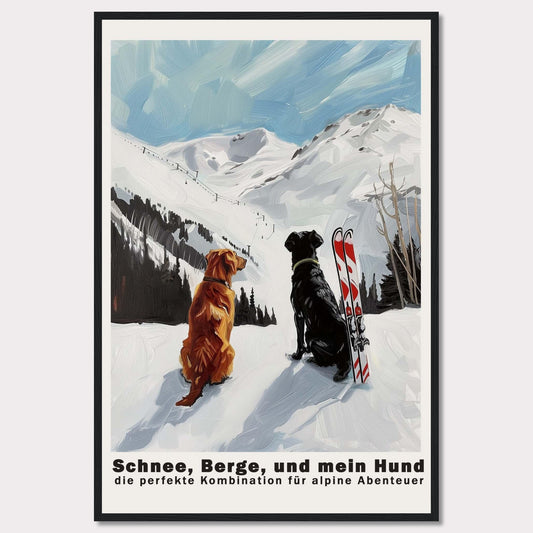 This image depicts two dogs sitting in the snow, gazing at a snowy mountain landscape. Next to them is a pair of skis, suggesting an alpine adventure. The sky is clear with a few clouds, adding to the serene and adventurous atmosphere.