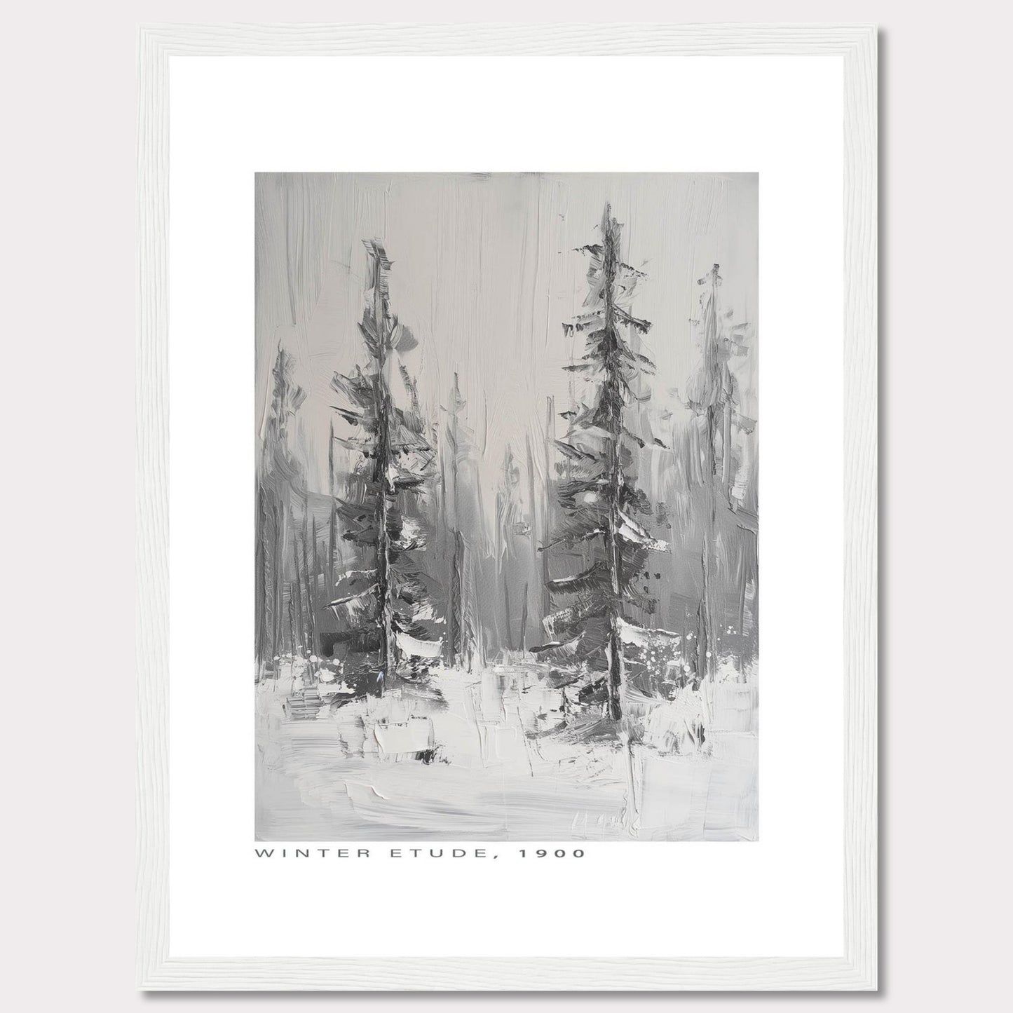 This image showcases a framed painting titled "Winter Etude, 1900". The artwork depicts a serene winter landscape with two prominent trees standing tall amidst a snowy backdrop. The painting is done in grayscale, emphasizing the cold and tranquil atmosphere of winter.