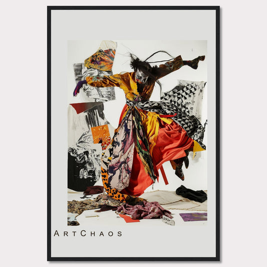 This captivating artwork features a dynamic figure in vibrant, flowing attire, seemingly caught in mid-motion. The background is a collage of abstract patterns and textures, adding depth and intrigue to the piece. The mix of bold colors and chaotic elements creates a sense of energy and movement.