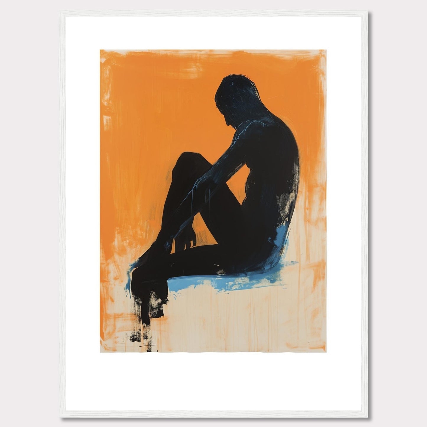 This striking artwork features a silhouette of a seated figure against a vibrant orange background, creating a powerful contrast. The figure is painted in dark tones with hints of blue, adding depth and emotion to the piece.