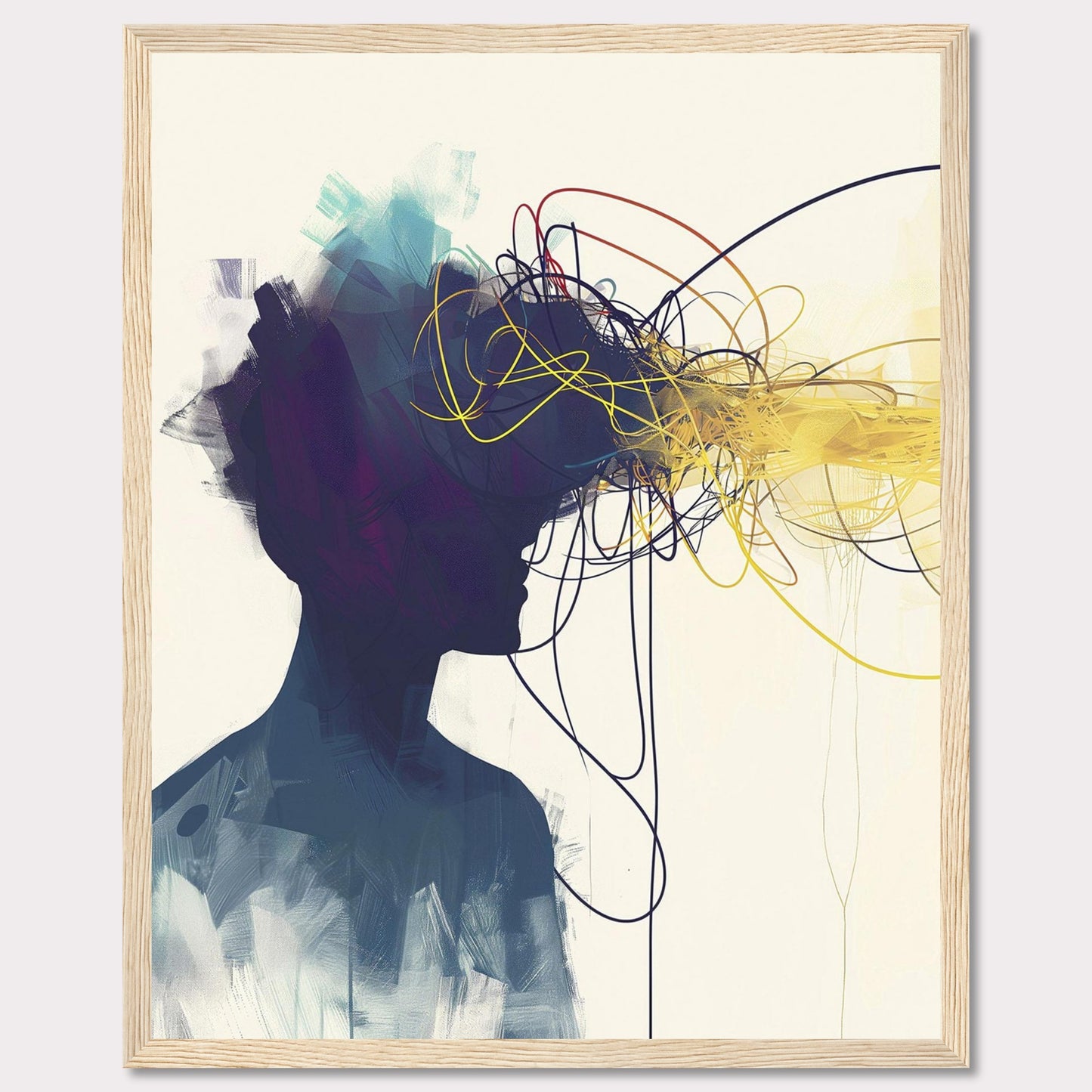 This captivating artwork features the silhouette of a person with an explosion of colorful, tangled lines emanating from their head, representing thoughts and creativity. The abstract design is set against a minimalist background, contrasting the vibrant colors with the dark silhouette.