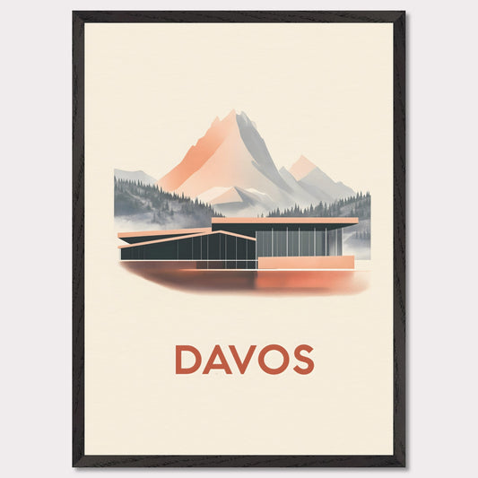 A refined travel poster showcasing Davos' modern architecture against breathtaking alpine peaks. The sleek lines of the building contrast harmoniously with the rugged mountains, embodying the balance between innovation and nature.