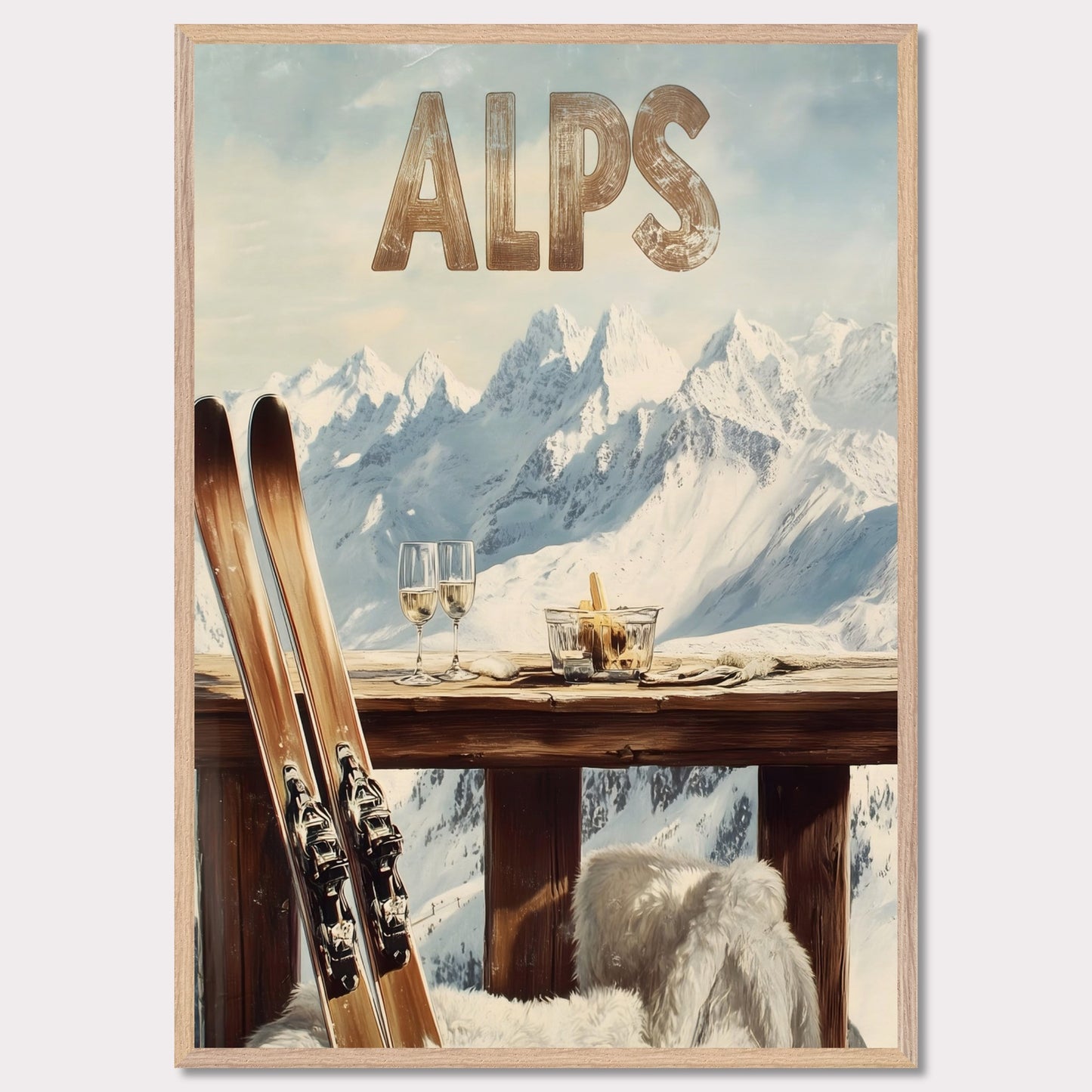 This vibrant poster captures the charm of après-ski culture with a rustic wooden terrace overlooking snow-covered mountains. The warm textures of fur throws and the elegant wine glasses create an inviting post-ski ambiance.