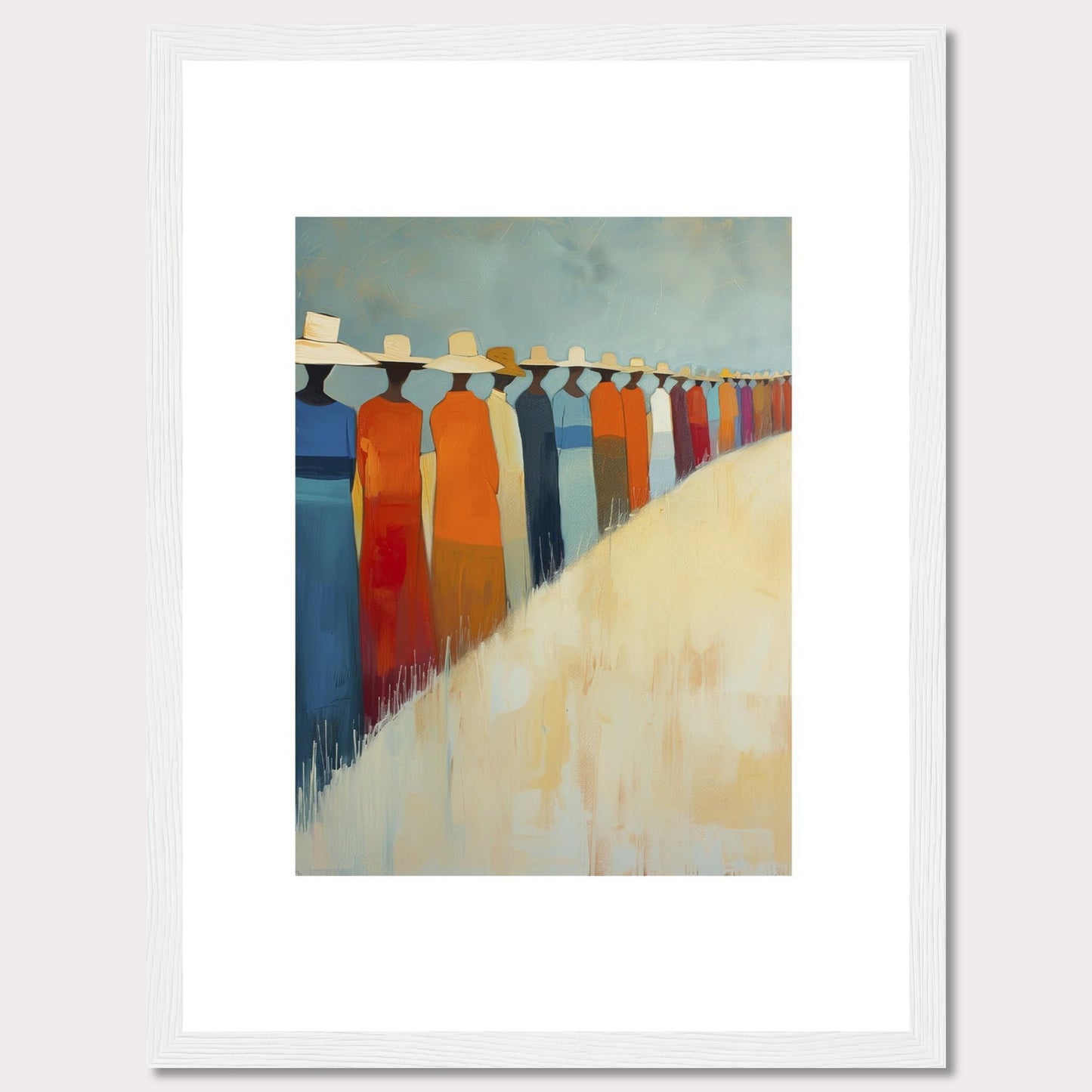 This artwork features a line of abstract figures wearing wide-brimmed hats, standing against a serene backdrop. The figures are dressed in vibrant colors, predominantly orange, blue, and white. The painting exudes a sense of unity and calmness.