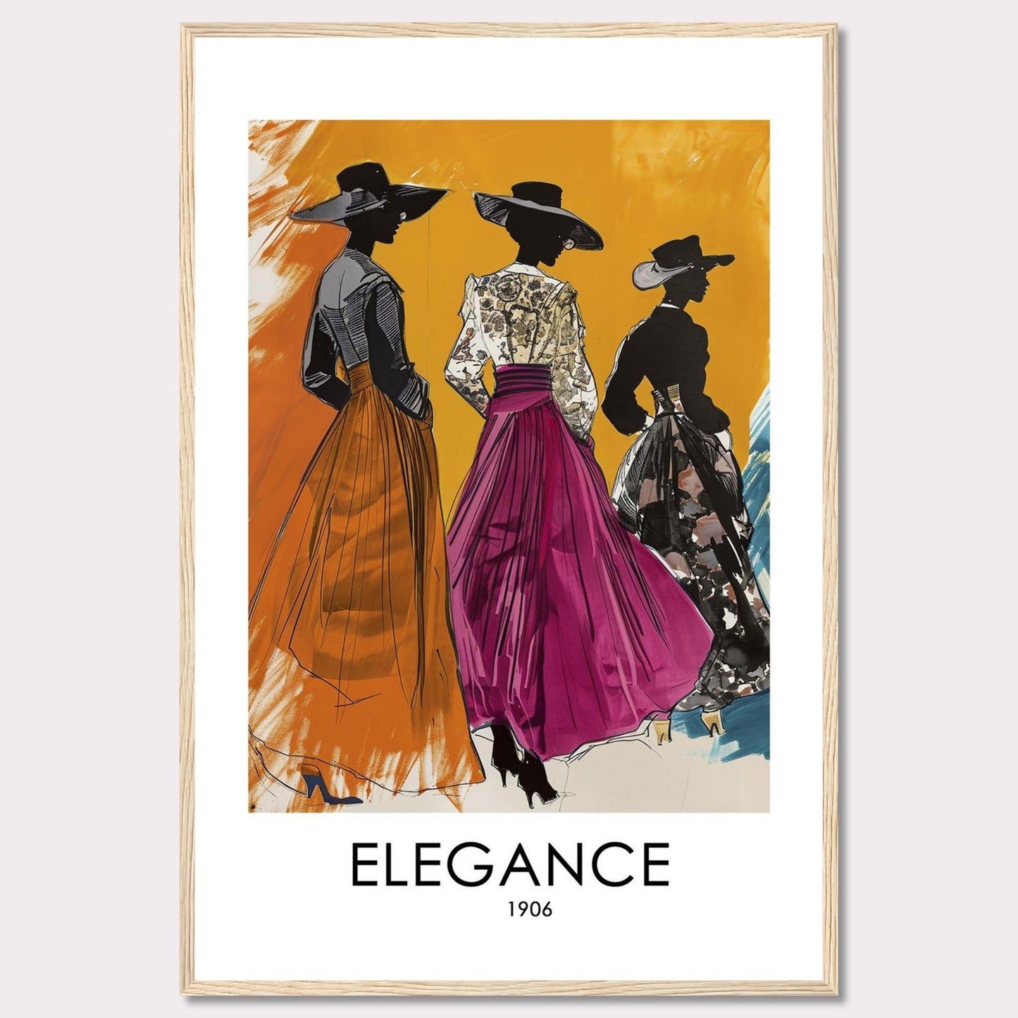 Three stylish women in elegant dresses and wide-brimmed hats stand gracefully against a vibrant orange background. The artwork exudes sophistication and timeless fashion from the early 1900s.