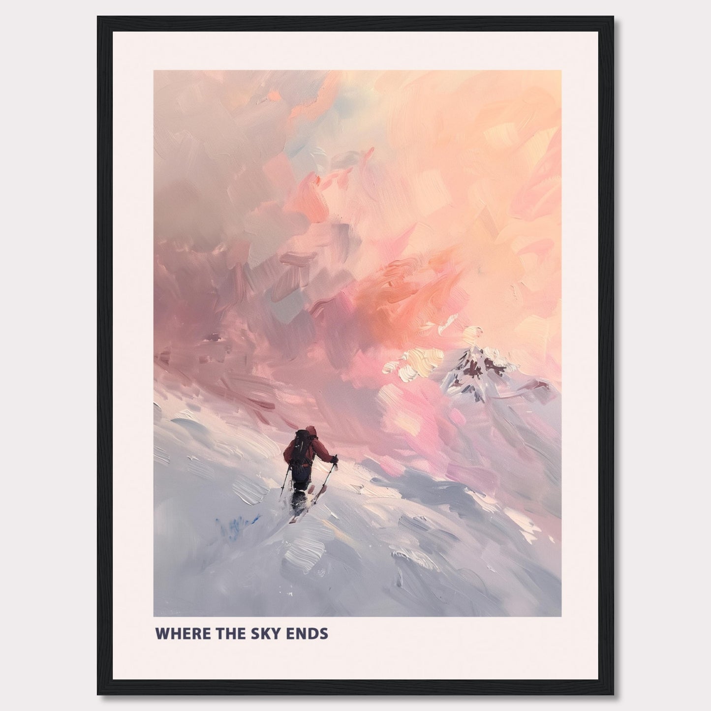 This captivating artwork titled "Where the Sky Ends" portrays a lone adventurer trekking through a snow-covered landscape towards a breathtaking, colorful sky. The painting captures a sense of solitude and determination against a backdrop of majestic, pastel-hued clouds.