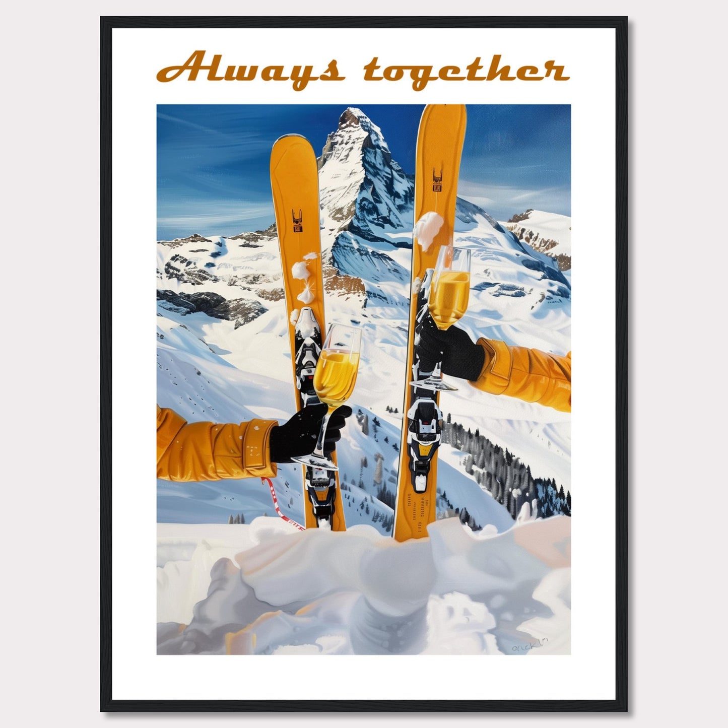 This image showcases a picturesque winter scene with two skiers celebrating on a snowy mountain. The central focus is on the skis and champagne glasses, symbolizing a joyous moment shared together.