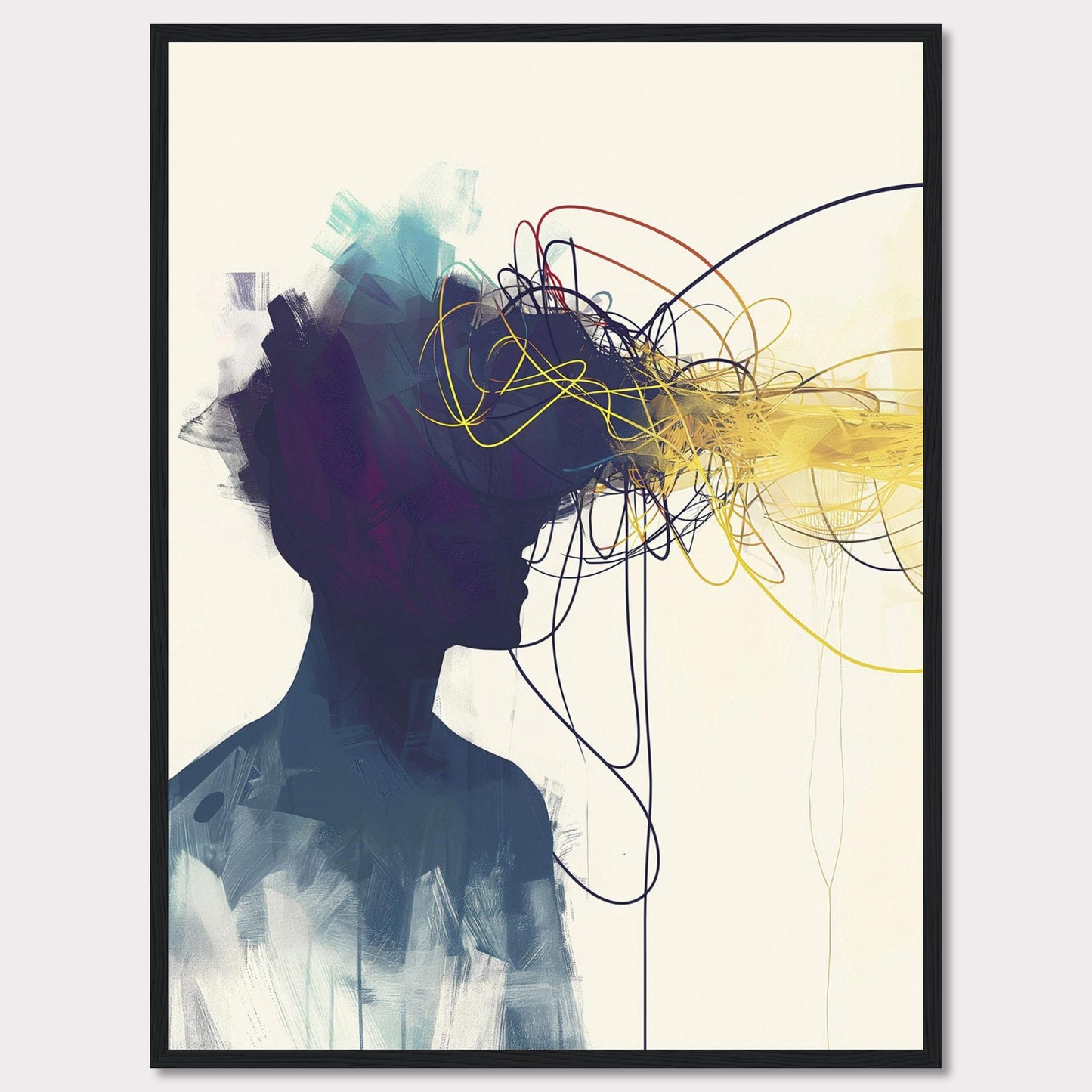 This captivating artwork features the silhouette of a person with an explosion of colorful, tangled lines emanating from their head, representing thoughts and creativity. The abstract design is set against a minimalist background, contrasting the vibrant colors with the dark silhouette.