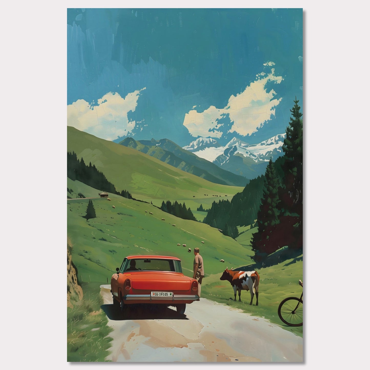 This picture depicts a serene countryside scene with a vibrant red car parked on a narrow road. A person stands beside the car, gazing at a cow that is standing nearby. The lush green hills stretch towards majestic snow-capped mountains under a bright blue sky dotted with fluffy white clouds. A bicycle rests against the tall pine trees, adding to the tranquil rural atmosphere.