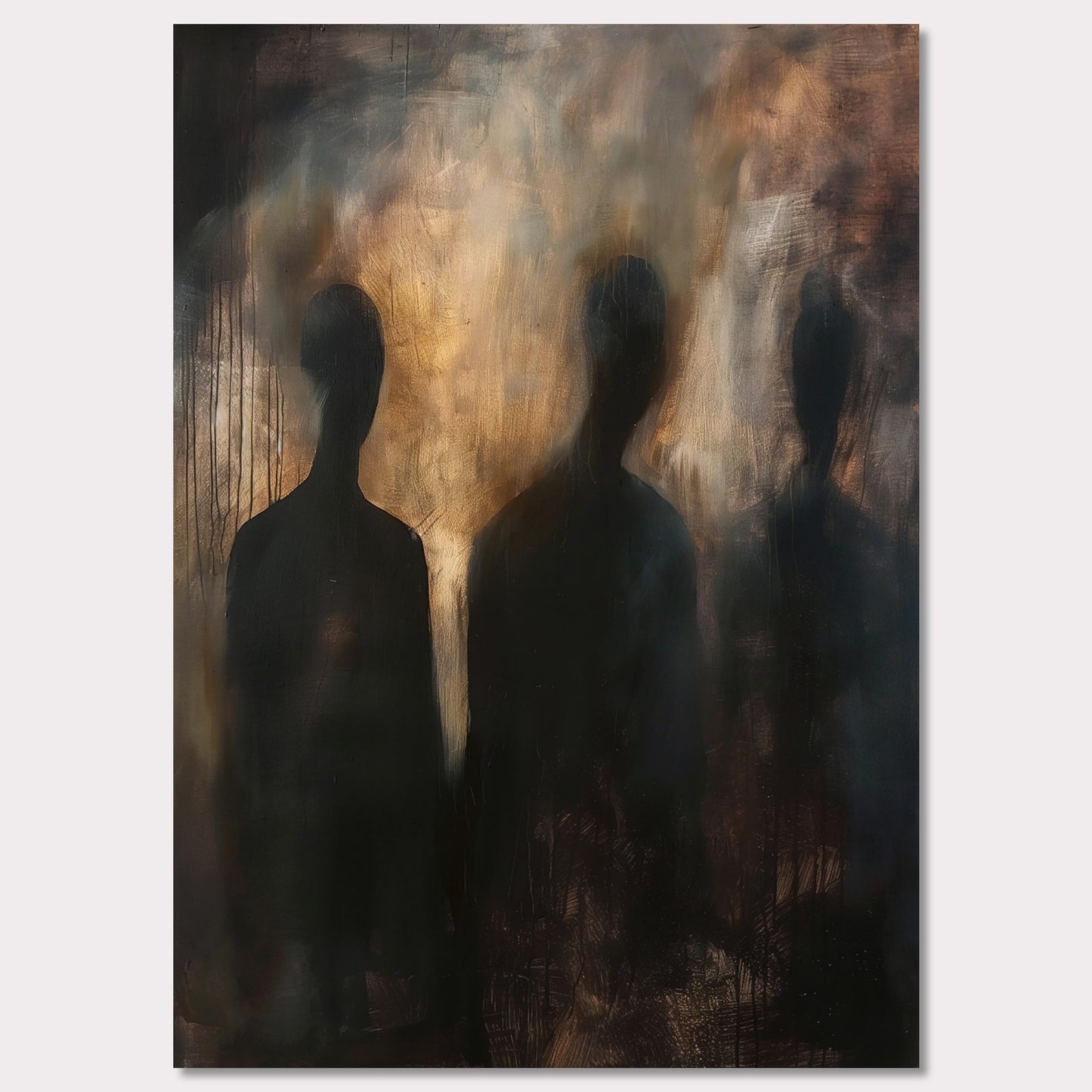 This evocative painting features three shadowy figures set against a smoky, abstract background. The use of dark and muted tones creates a mysterious and haunting atmosphere, inviting viewers to contemplate the unknown. The blending of colors and indistinct forms evoke emotions of intrigue and curiosity.