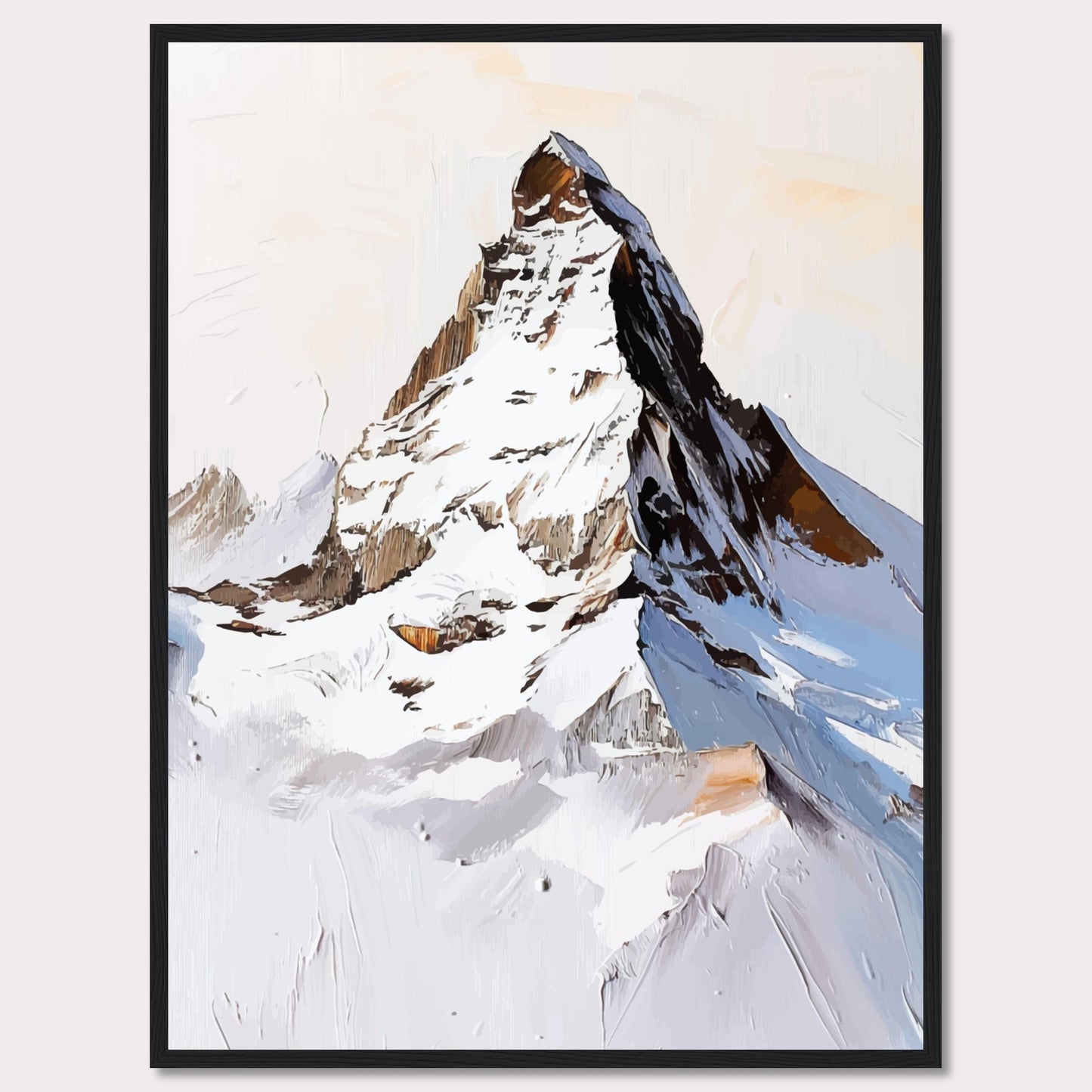 This image showcases a striking painting of a snow-covered mountain peak, likely inspired by the majestic Matterhorn. The artwork features bold brush strokes and a mix of white, brown, and blue hues, capturing the rugged beauty of the alpine landscape.