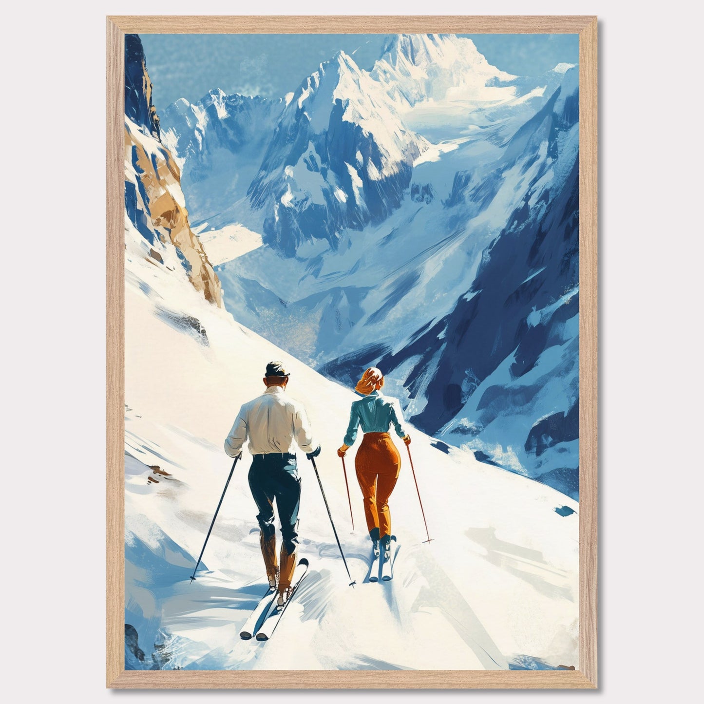 This retro poster captures the elegance and adventure of alpine skiing in Switzerland, circa 1960. Two fashionable skiers glide down the pristine snow with majestic mountains towering in the background. The vibrant colors of their outfits contrast beautifully against the white landscape, while the bold lettering emphasizes the stylish allure of alpine sports.