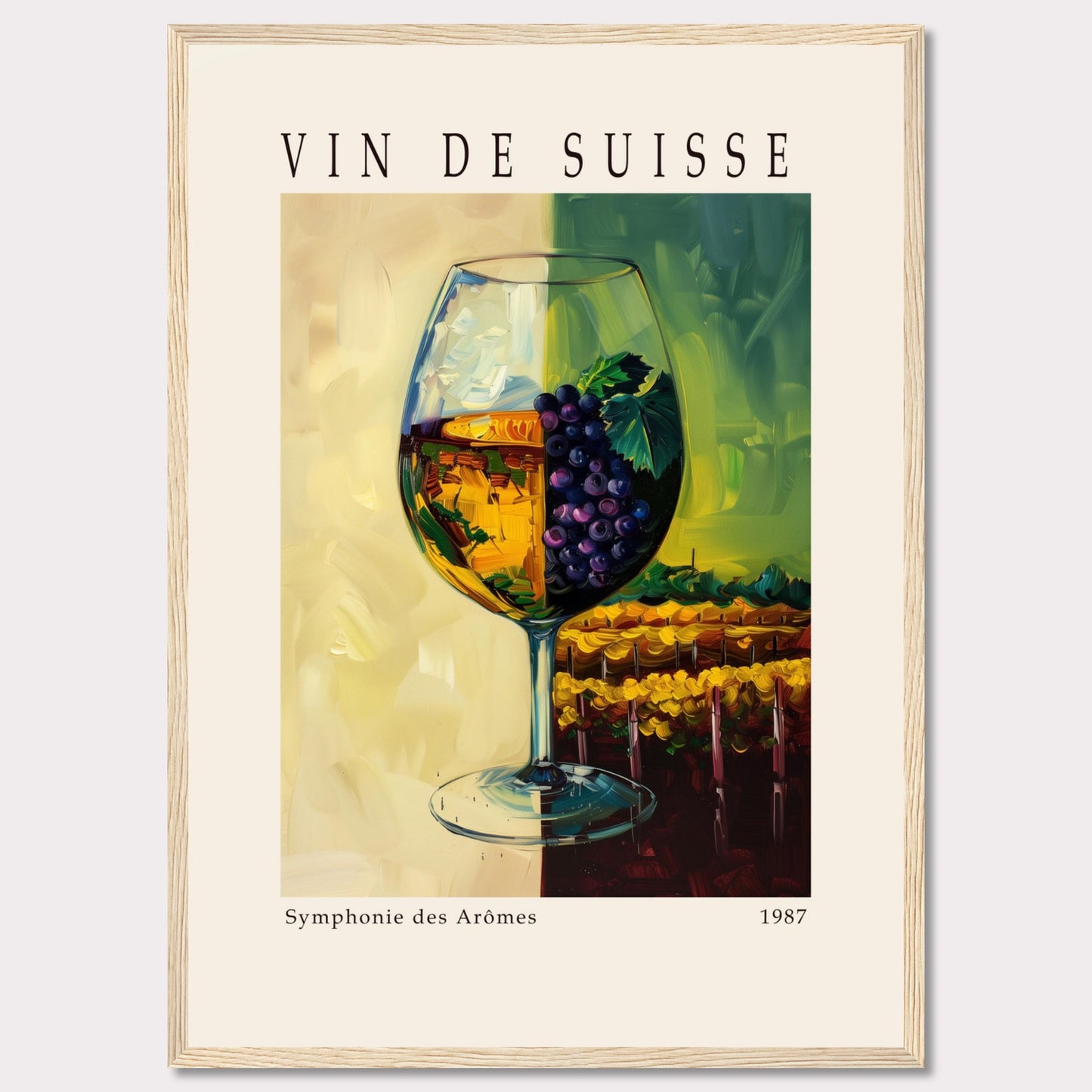 This vibrant poster showcases a wine glass filled with white wine, adorned with a cluster of purple grapes and green leaves. The background features a picturesque vineyard scene, split into two contrasting hues of yellow and green.