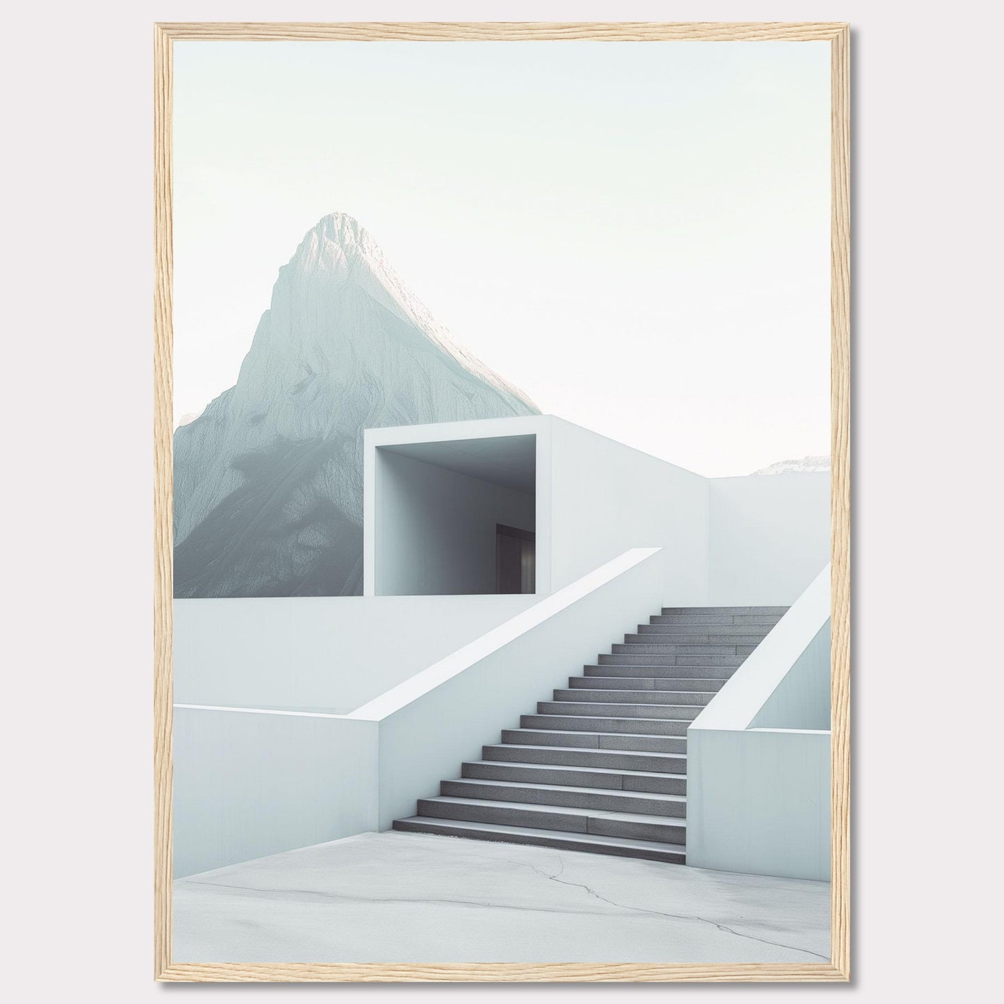 This minimalist artwork features a serene mountain backdrop with a modern architectural staircase leading to a simple, open structure. The clean lines and soft color palette evoke a sense of tranquility and sophistication.