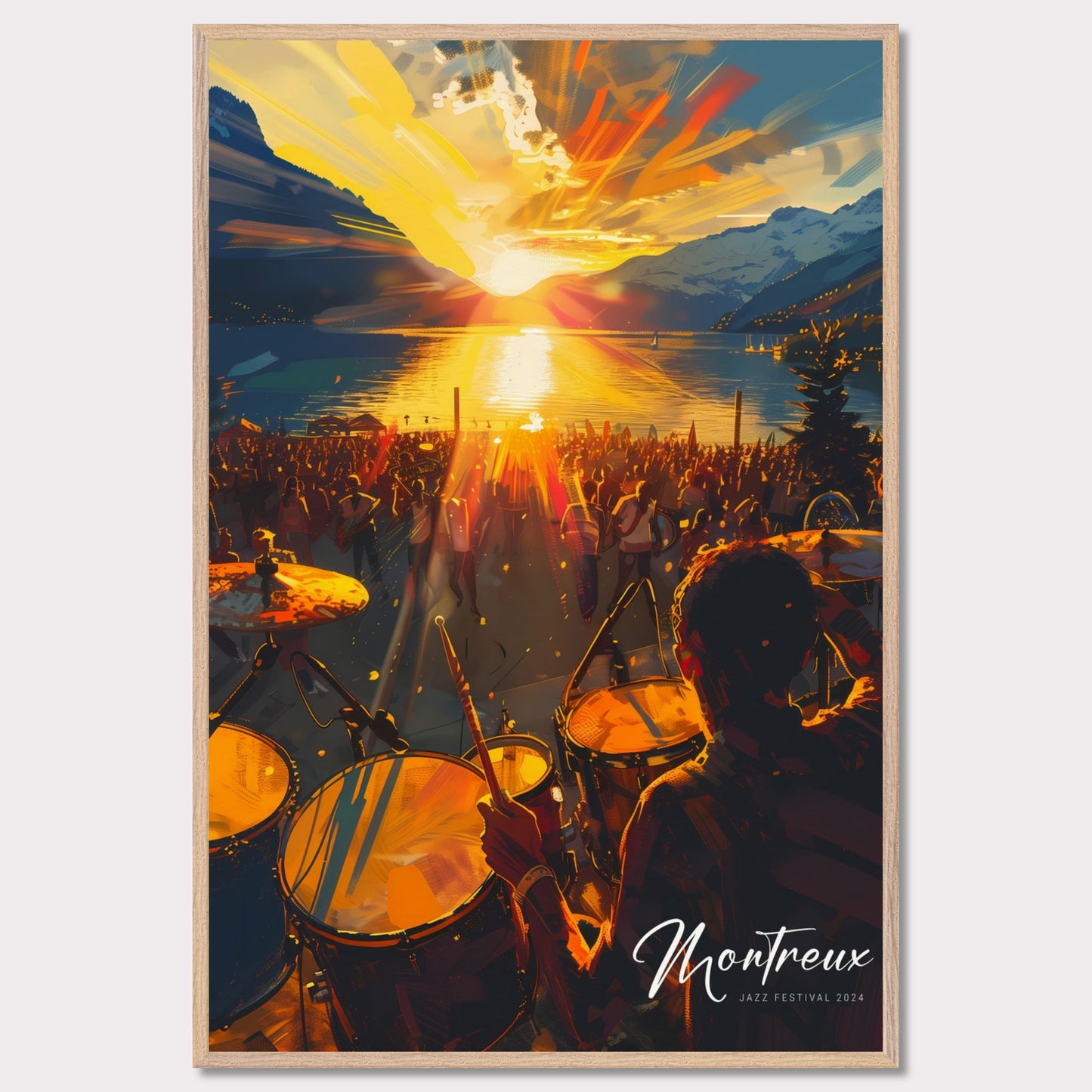 This vibrant image captures the essence of the Montreux Jazz Festival 2024. The scene is set at sunset, with a stunning view of the sun dipping below the horizon over a serene lake, surrounded by majestic mountains. A large crowd is gathered, immersed in the music, while a drummer plays energetically in the foreground.