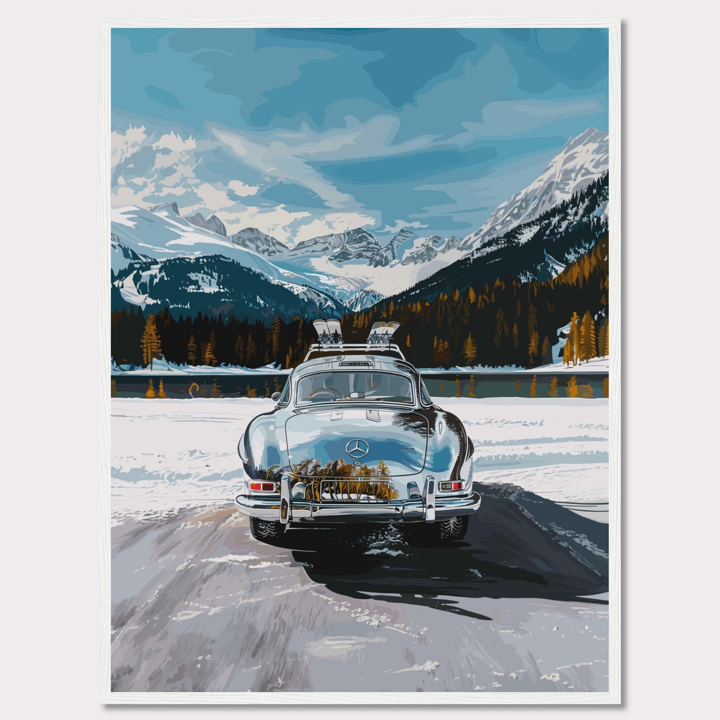 This artwork features a classic car parked on a snowy road with breathtaking snow-capped mountains and a serene lake in the background.