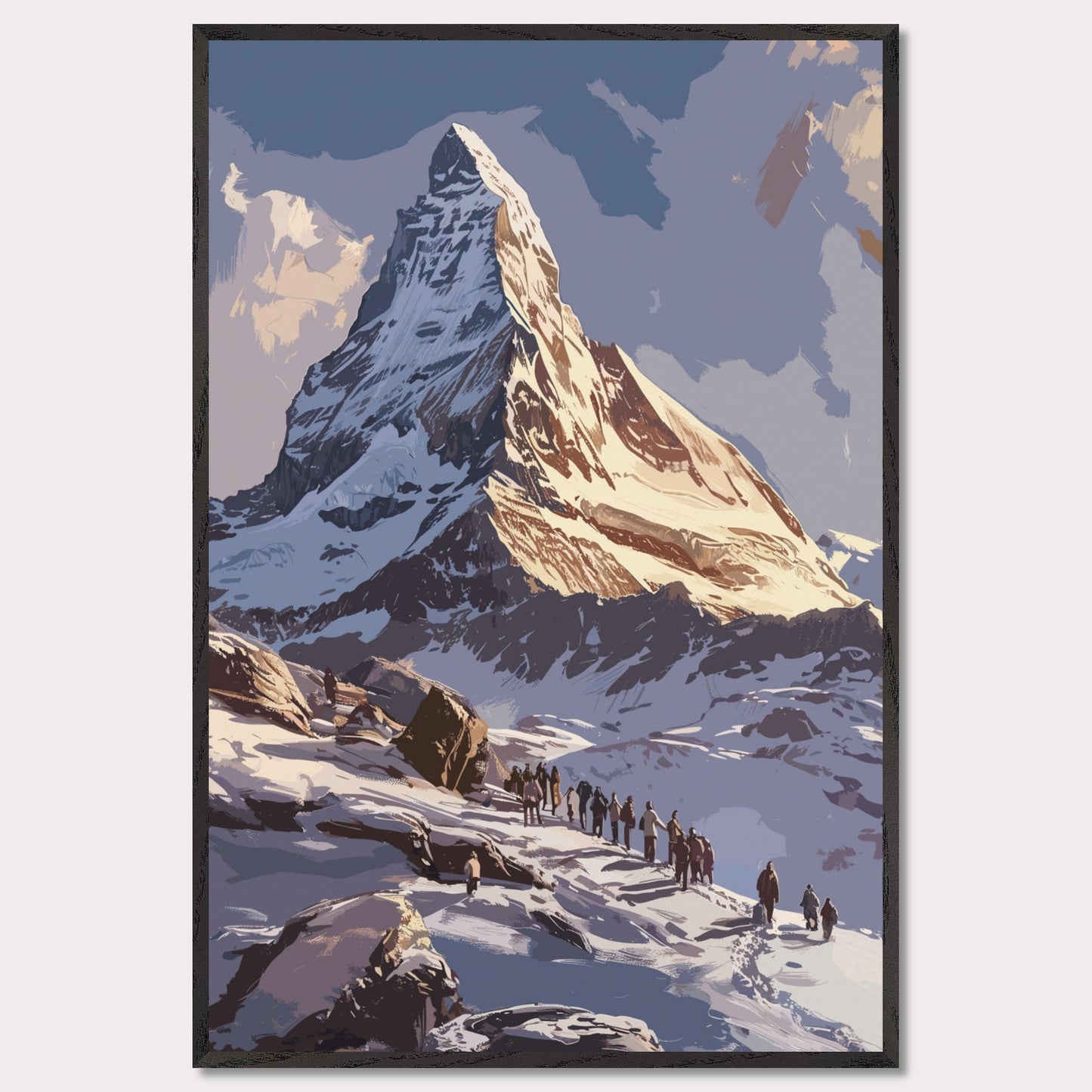 Experience the majestic beauty of this stunning mountain landscape. The image captures a group of adventurers trekking up a snow-covered path towards a towering, sunlit peak. The sky above is clear with a few clouds, adding depth and contrast to the scene. The rugged terrain and the determination of the climbers evoke a sense of awe and inspiration.